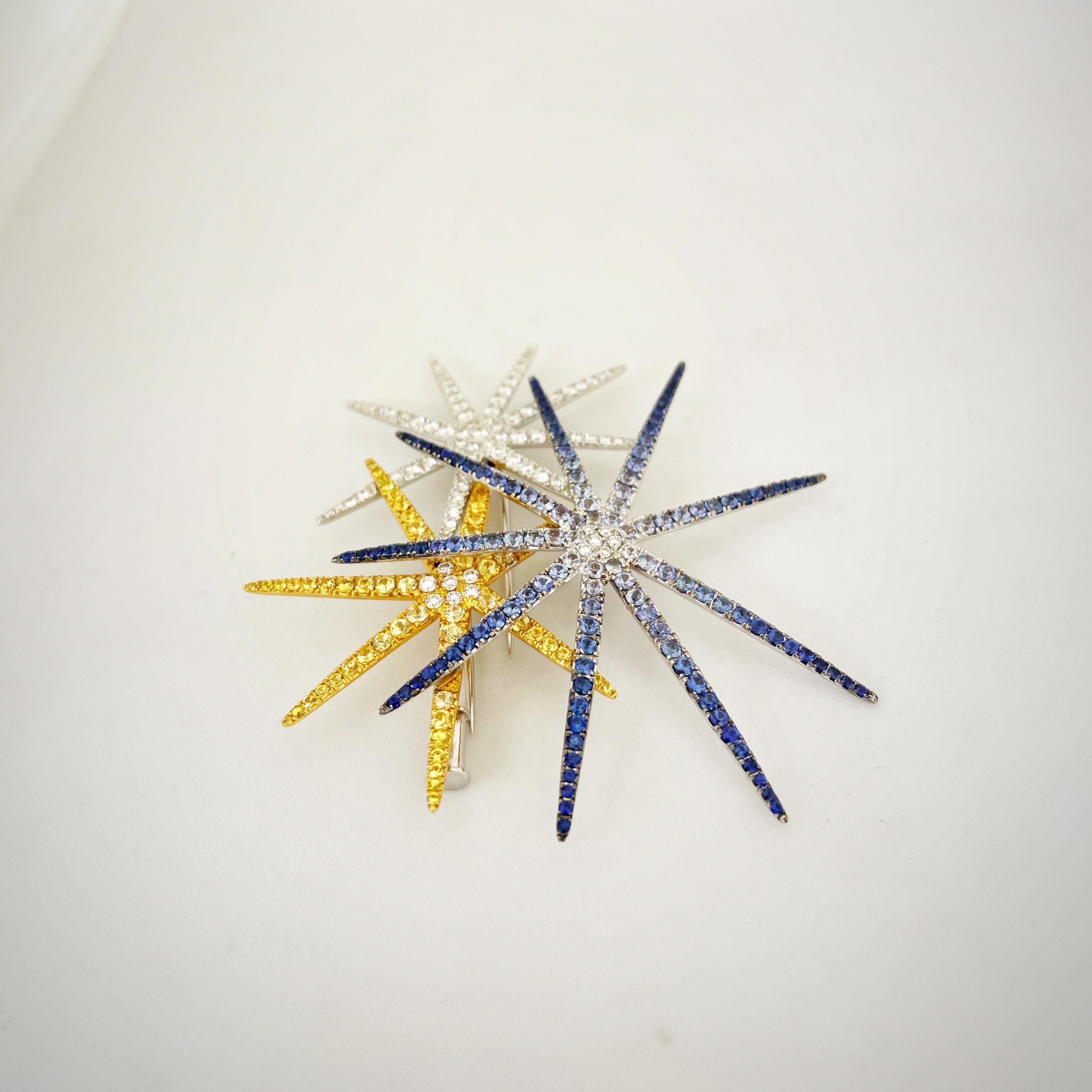 Cellini 18 Karat WG, Fireworks Brooch with Blue & Yellow Sapphires and Diamonds In New Condition For Sale In New York, NY