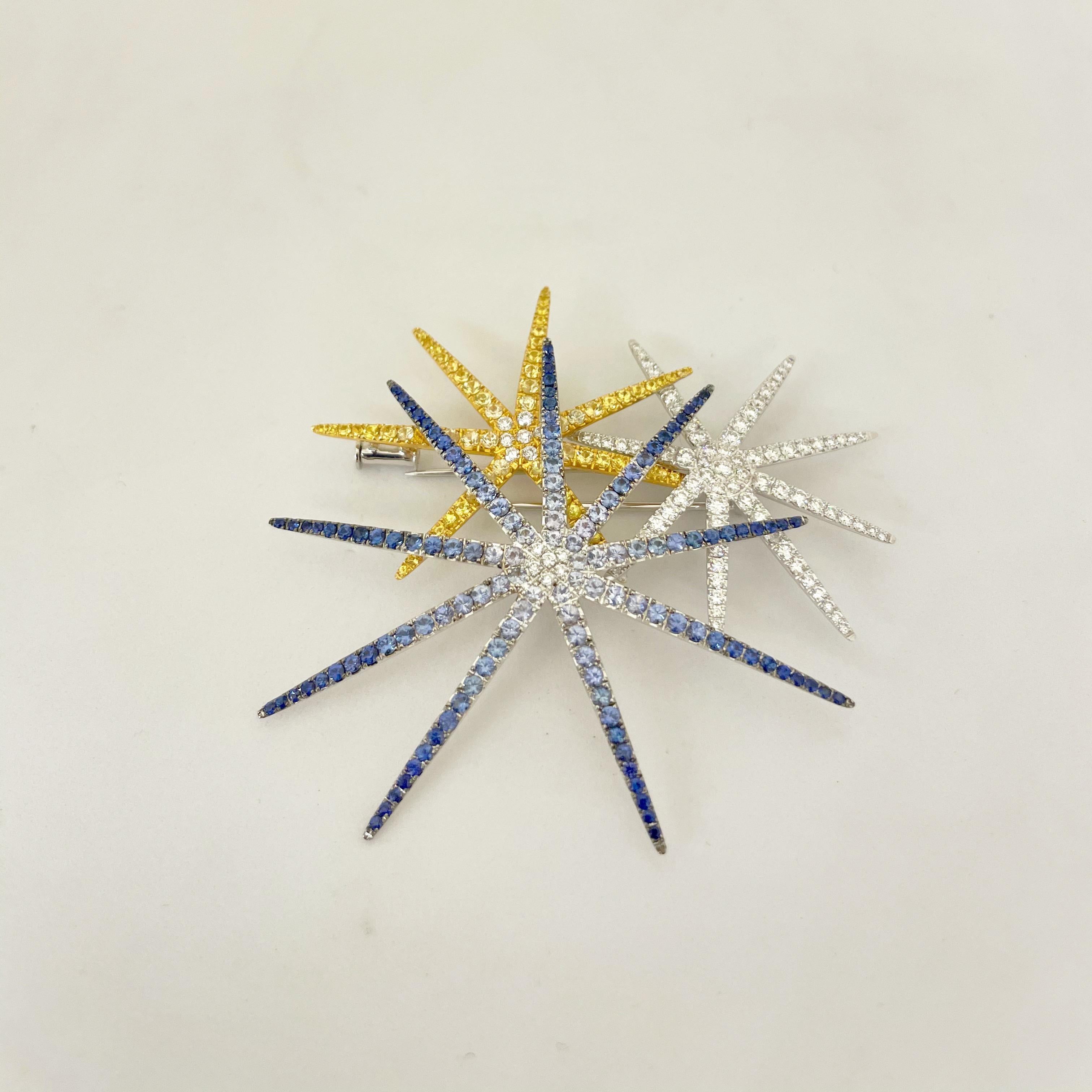Women's or Men's Cellini 18 Karat WG, Fireworks Brooch with Blue & Yellow Sapphires and Diamonds For Sale