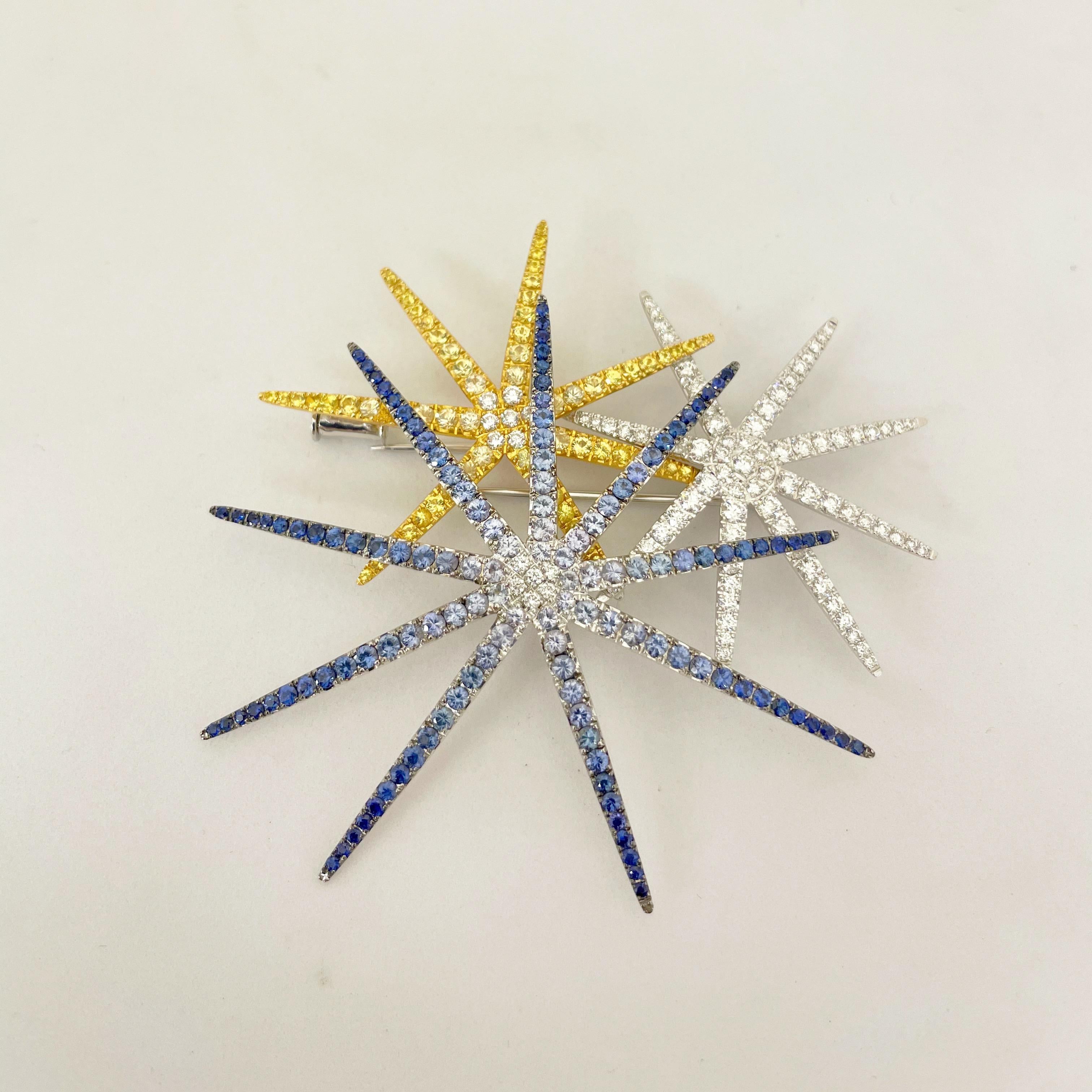 Cellini 18 Karat WG, Fireworks Brooch with Blue & Yellow Sapphires and Diamonds For Sale 2