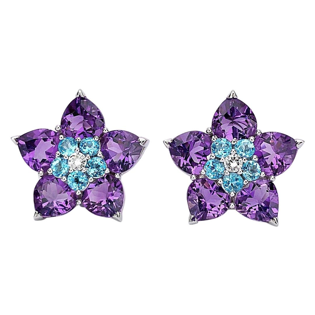 Cellini 18KT WG Flower Earrings with 16 Carat Amethyst, Diamond and Blue Topaz