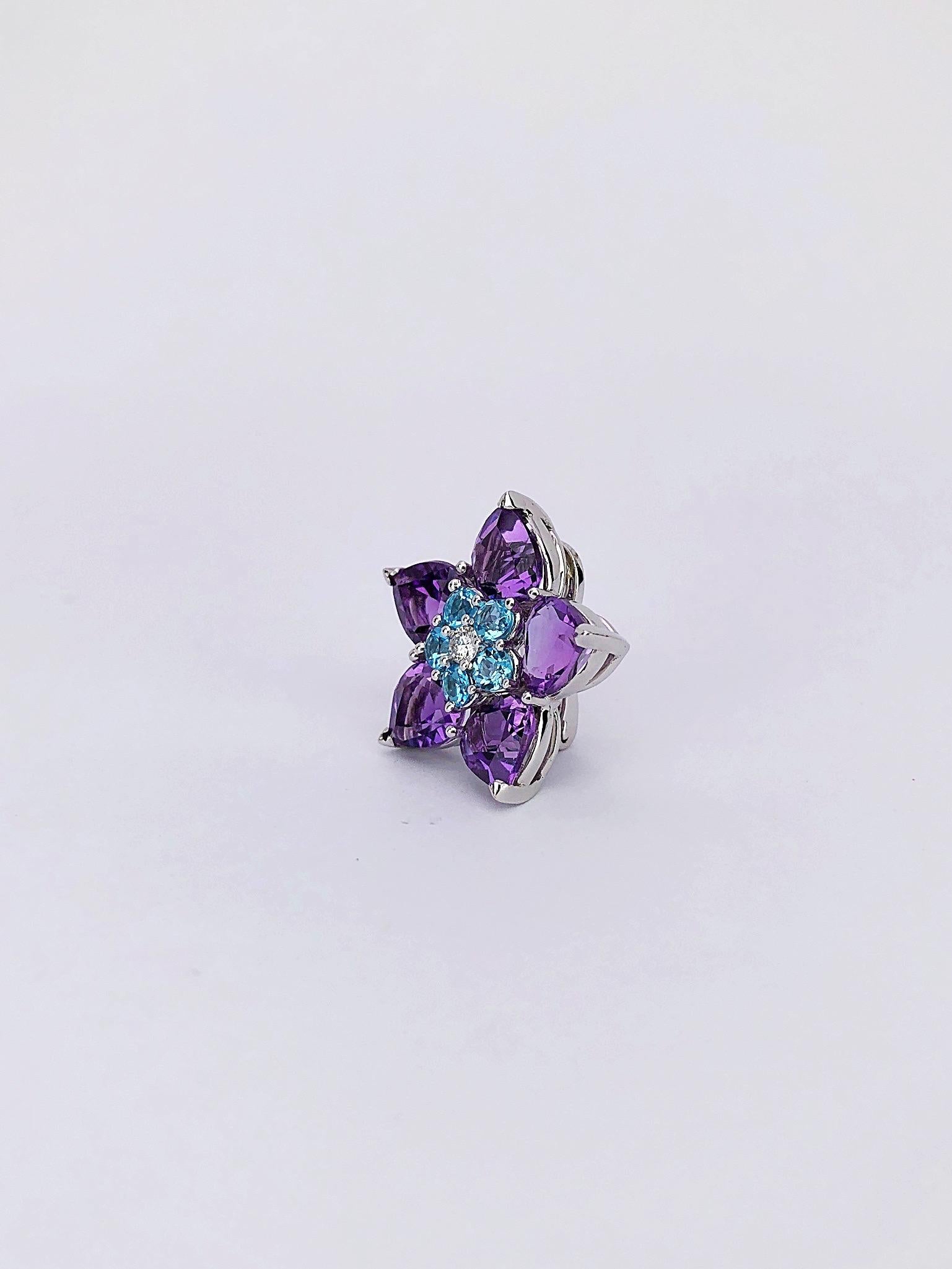 Cellini 18KT WG Flower Earrings with 16 Carat Amethyst, Diamond and Blue Topaz In New Condition In New York, NY