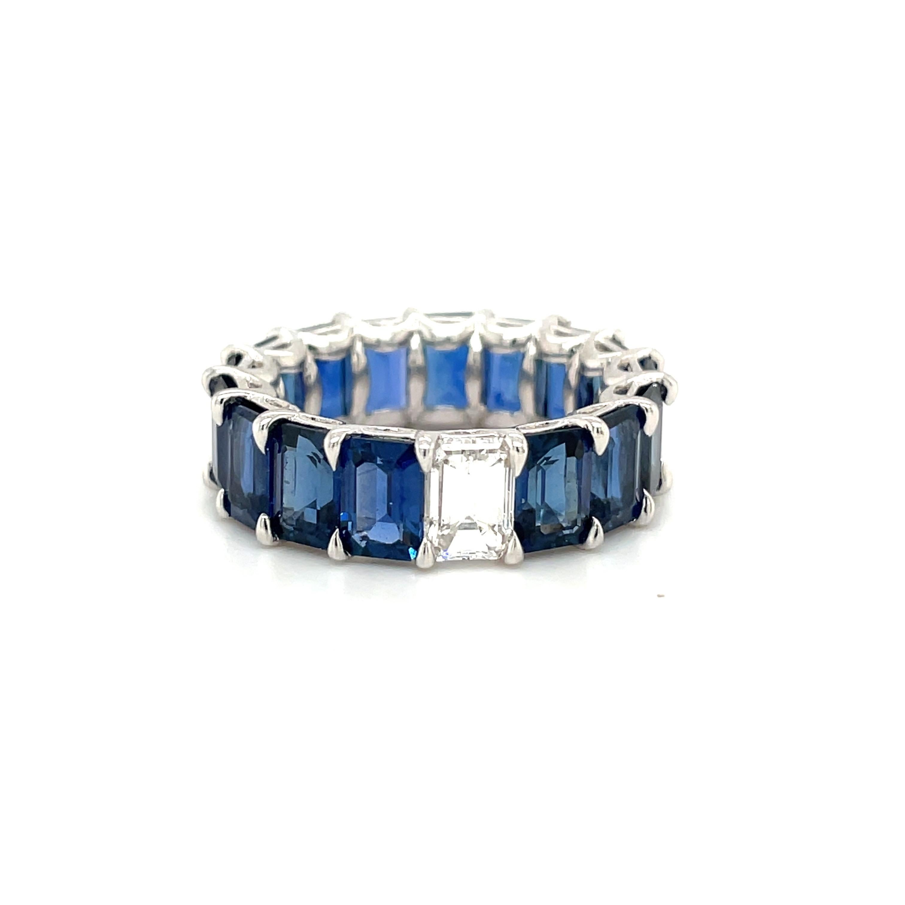 Emerald Cut Cellini 18KT White Gold 10.69Ct. Blue Sapphire & 0.72Ct. Diamond Eternity Band For Sale