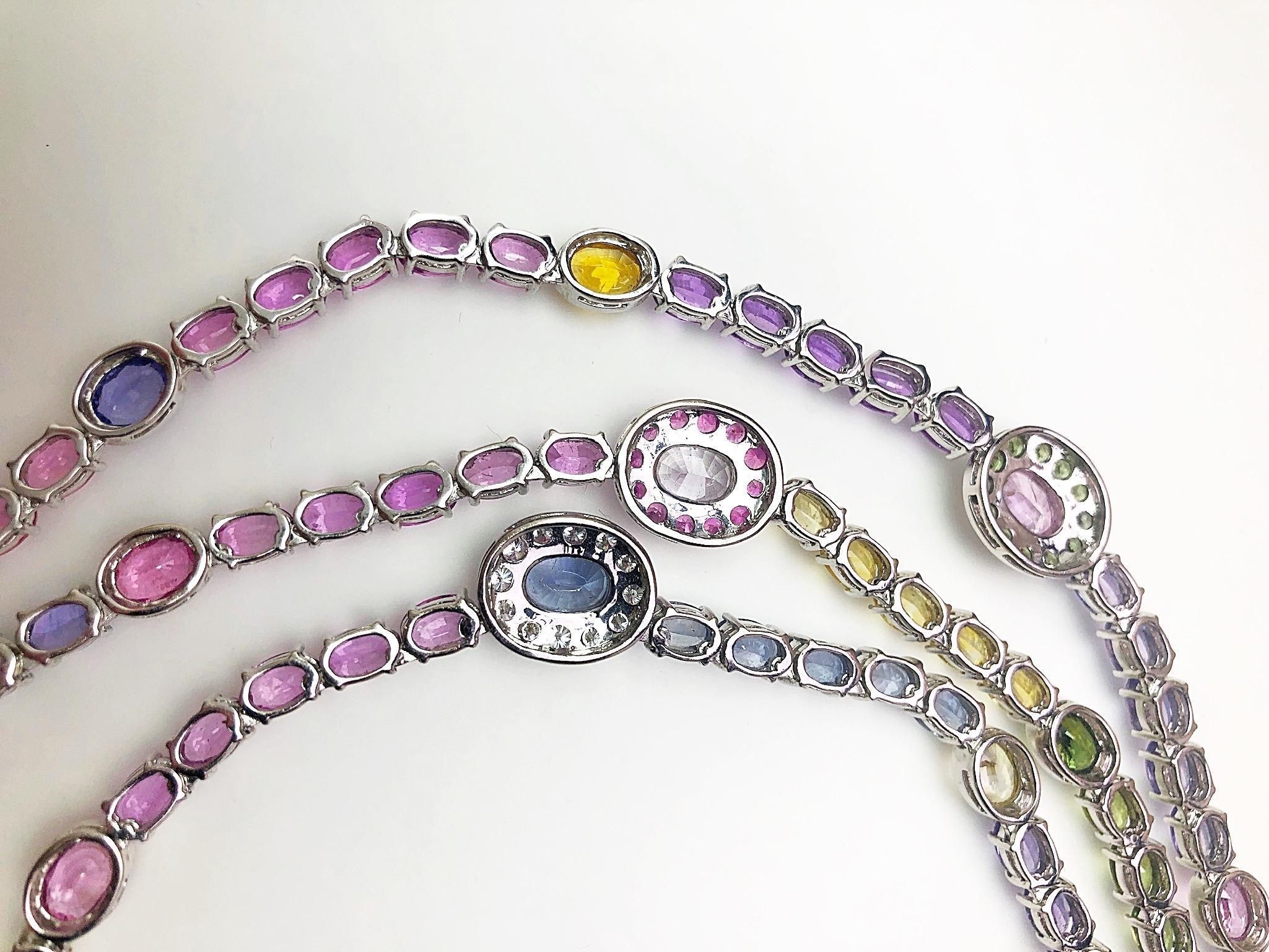 Oval Cut Cellini 18 Karat Gold, 149.5 Carat Rainbow Sapphire and Diamond 3-Row Necklace For Sale