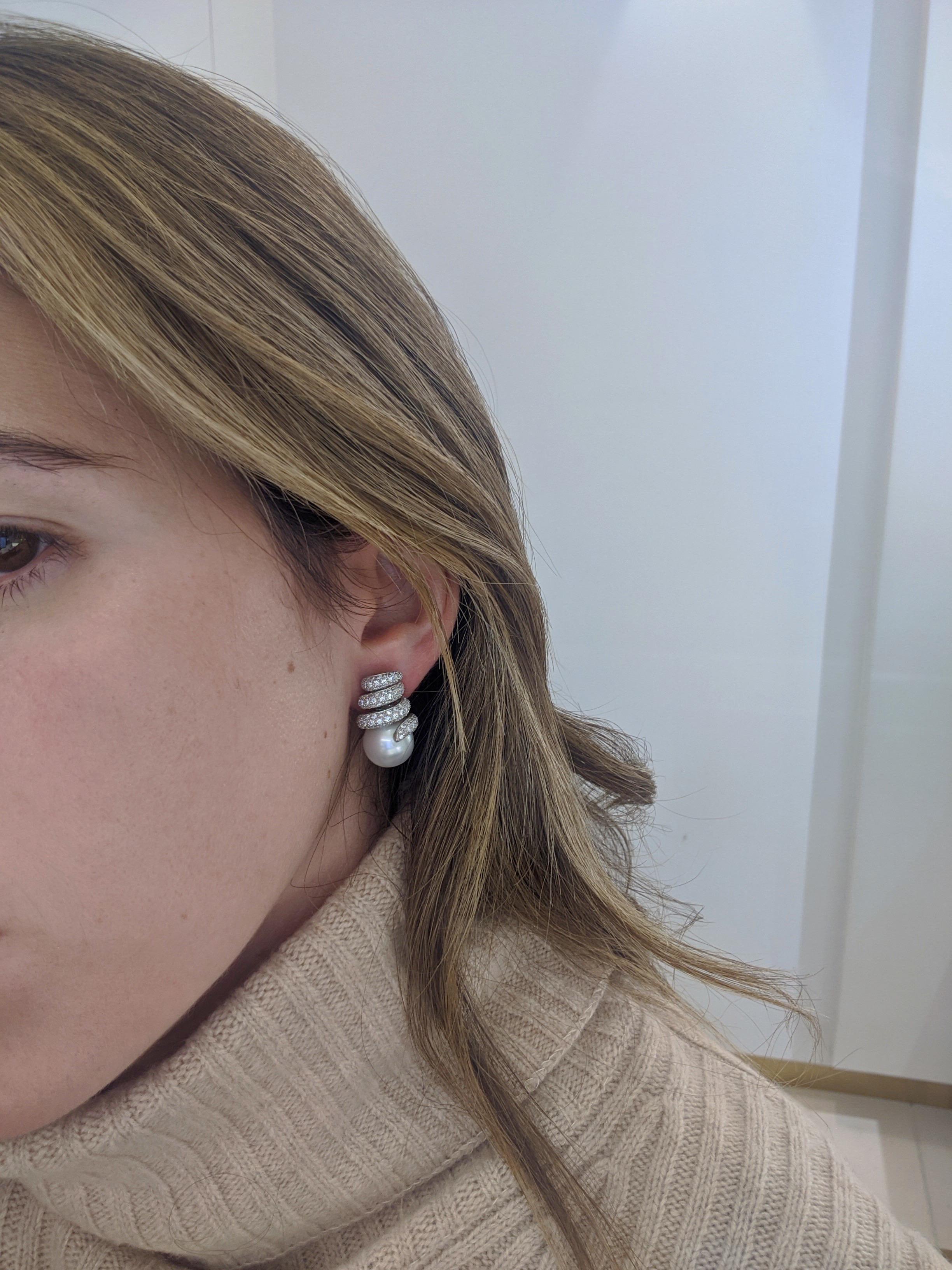 Cellini 18 Karat White Gold, 2.12 Carat Diamond and South Sea Pearls Earrings In New Condition In New York, NY