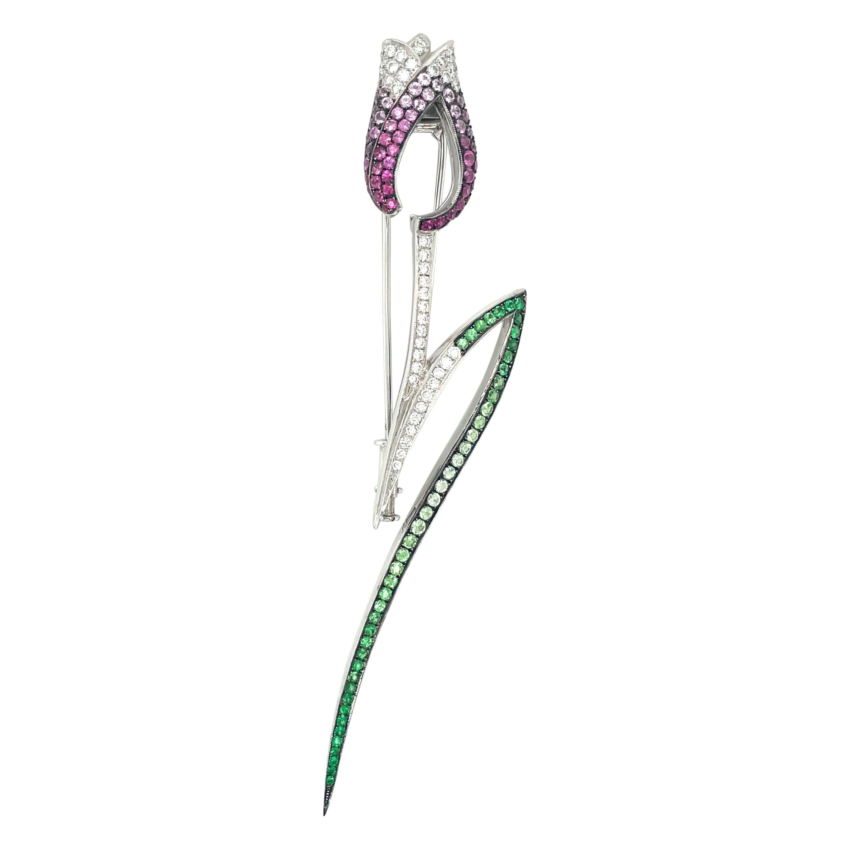 Cellini 18kt White Gold 2.25ct Pink Sapphire & .80ct Diamond Tulip Brooch For Sale