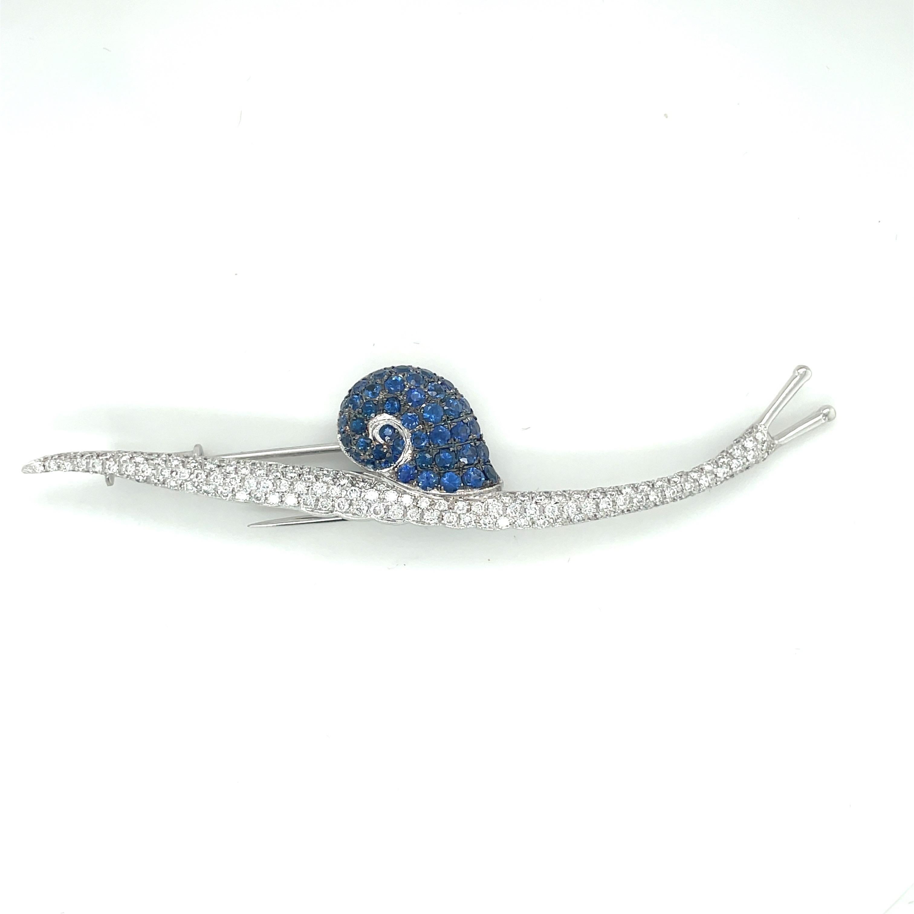 Modern Cellini 18kt White Gold 2.50ct Blue Sapphire & 1.80ct Diamond Snail Brooch For Sale