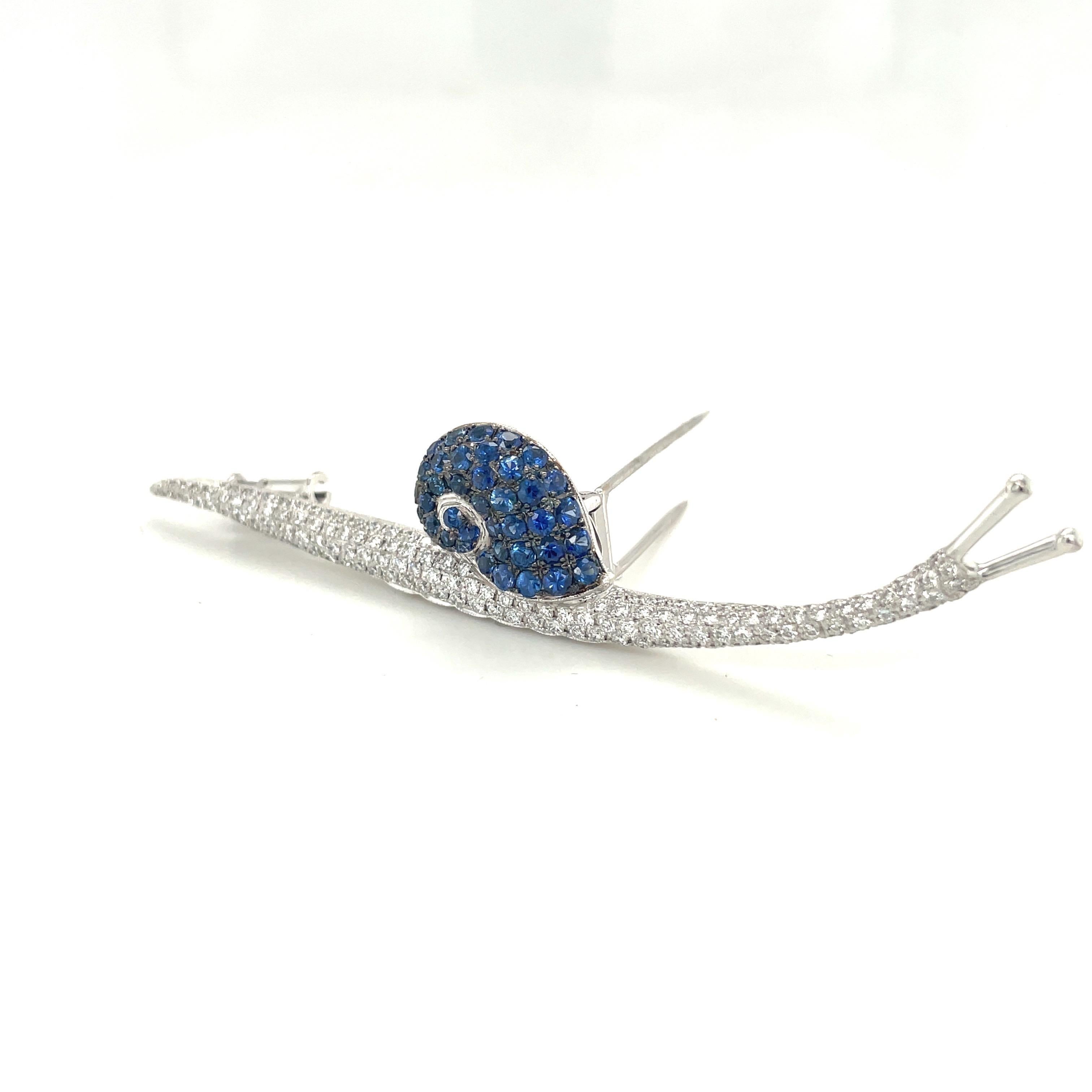 Round Cut Cellini 18kt White Gold 2.50ct Blue Sapphire & 1.80ct Diamond Snail Brooch For Sale