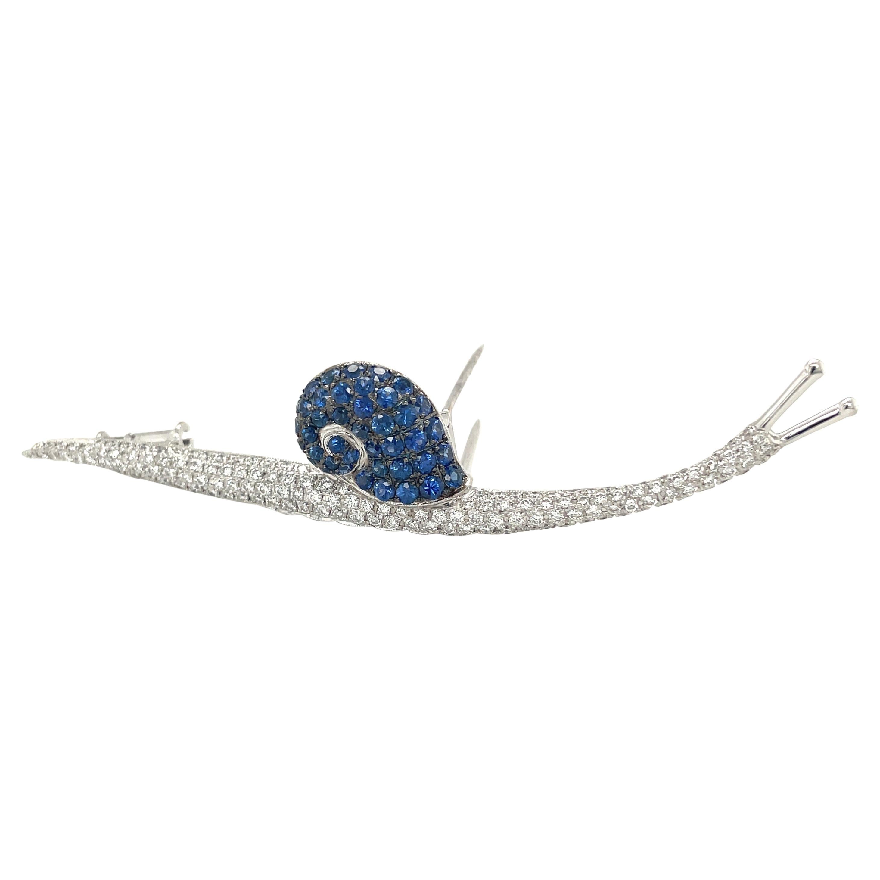 Cellini 18kt White Gold 2.50ct Blue Sapphire & 1.80ct Diamond Snail Brooch For Sale