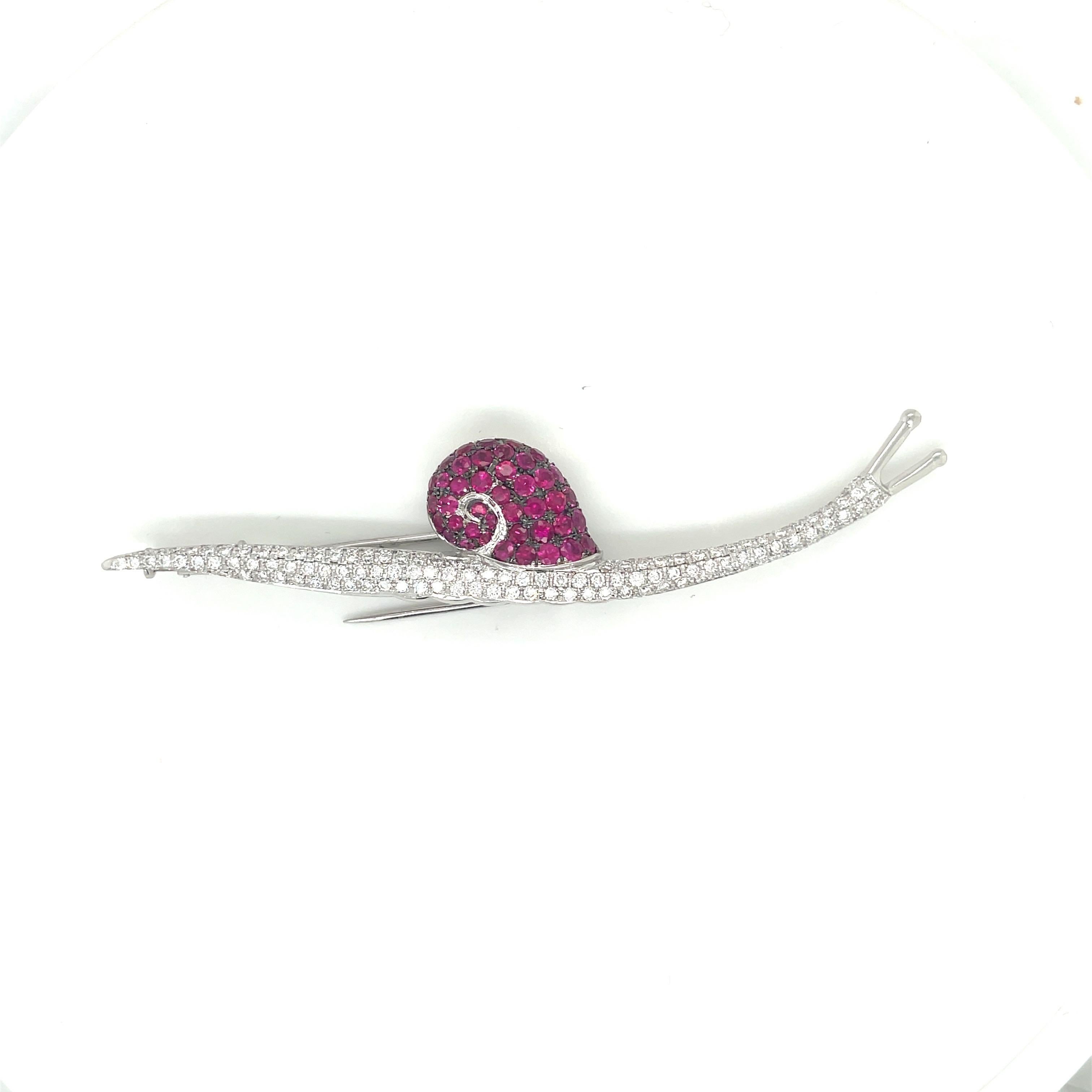 Modern Cellini 18kt White Gold 2.50ct Ruby & 1.80ct Diamond Snail Brooch For Sale