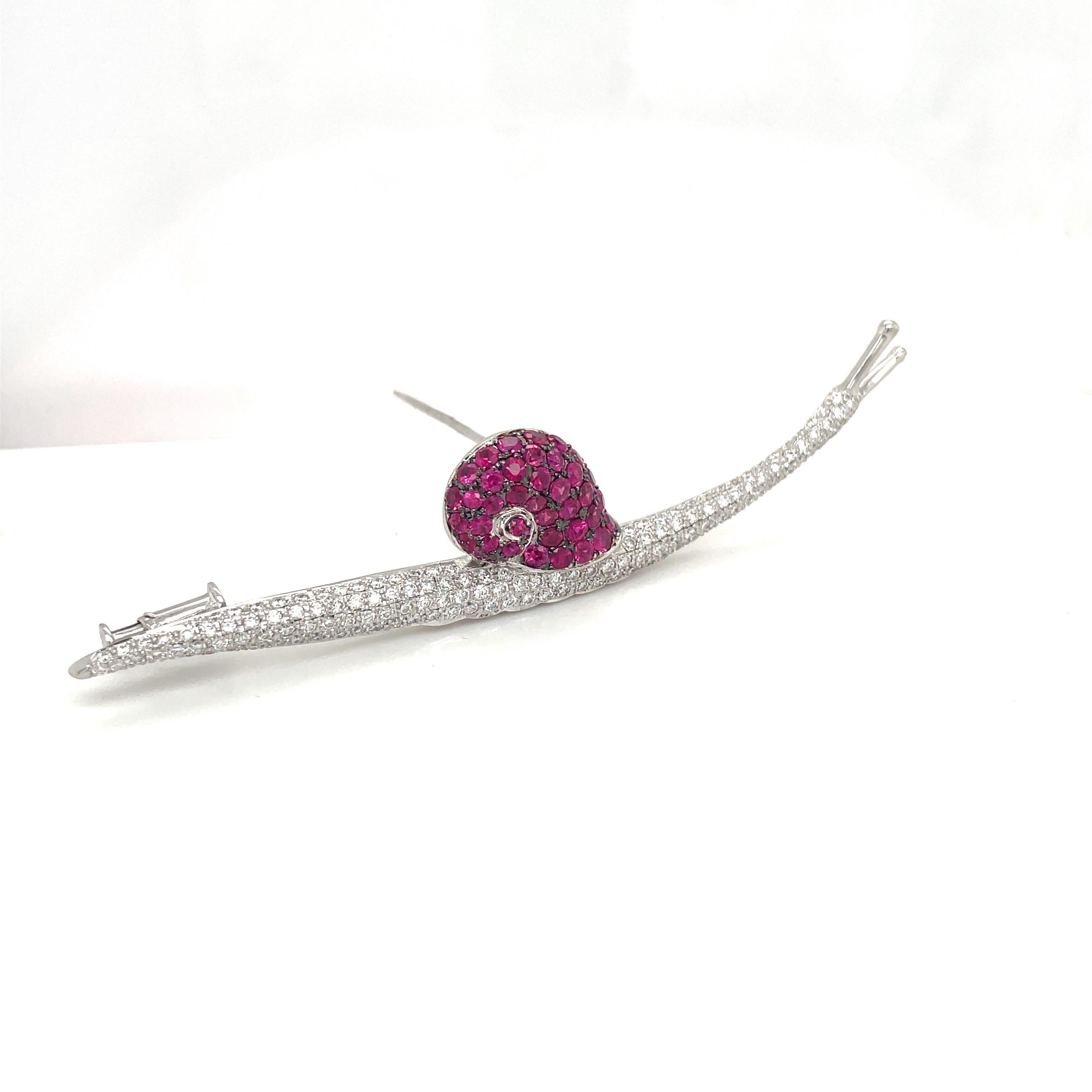 Round Cut Cellini 18kt White Gold 2.50ct Ruby & 1.80ct Diamond Snail Brooch For Sale