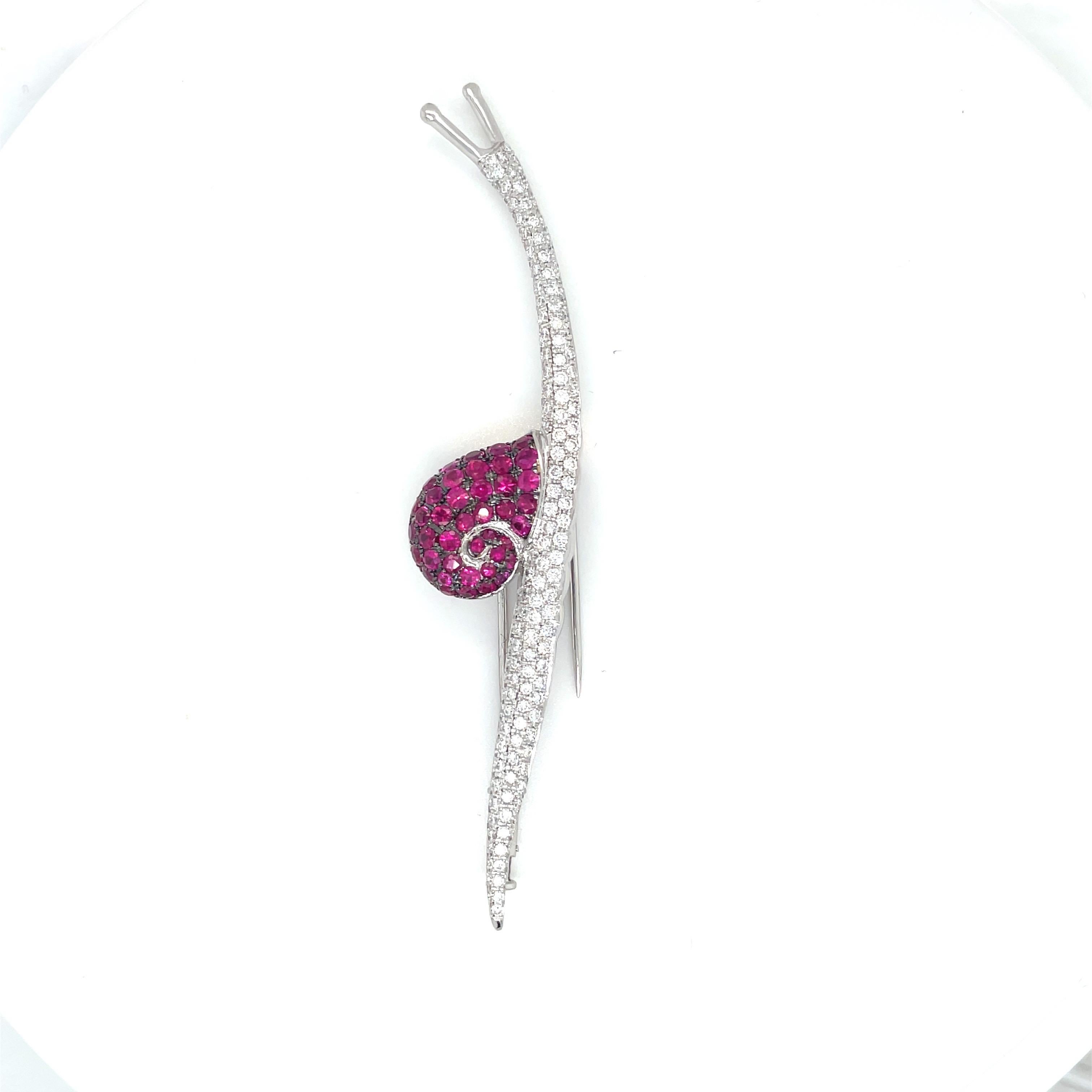 Cellini 18kt White Gold 2.50ct Ruby & 1.80ct Diamond Snail Brooch In New Condition For Sale In New York, NY