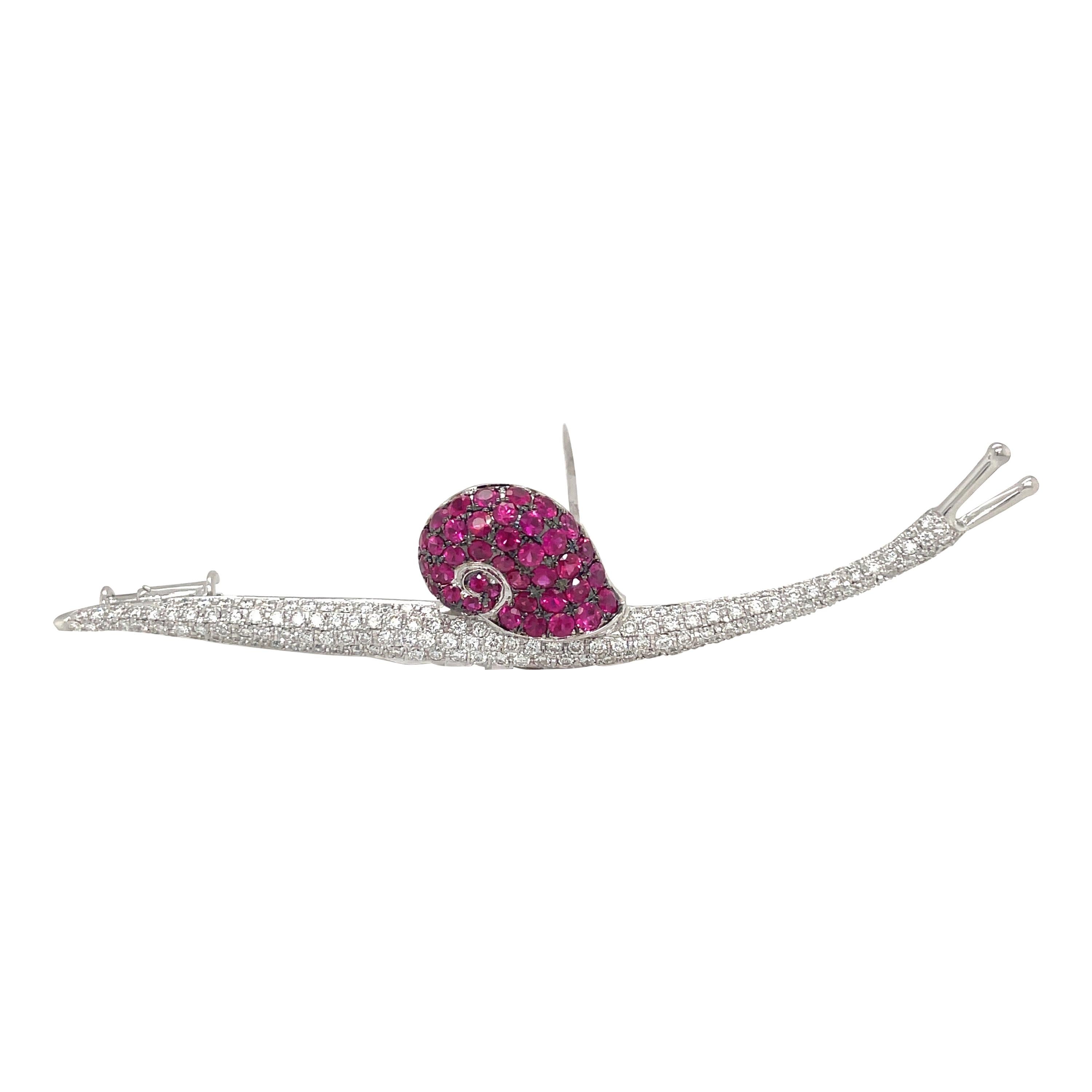 Cellini 18kt White Gold 2.50ct Ruby & 1.80ct Diamond Snail Brooch For Sale