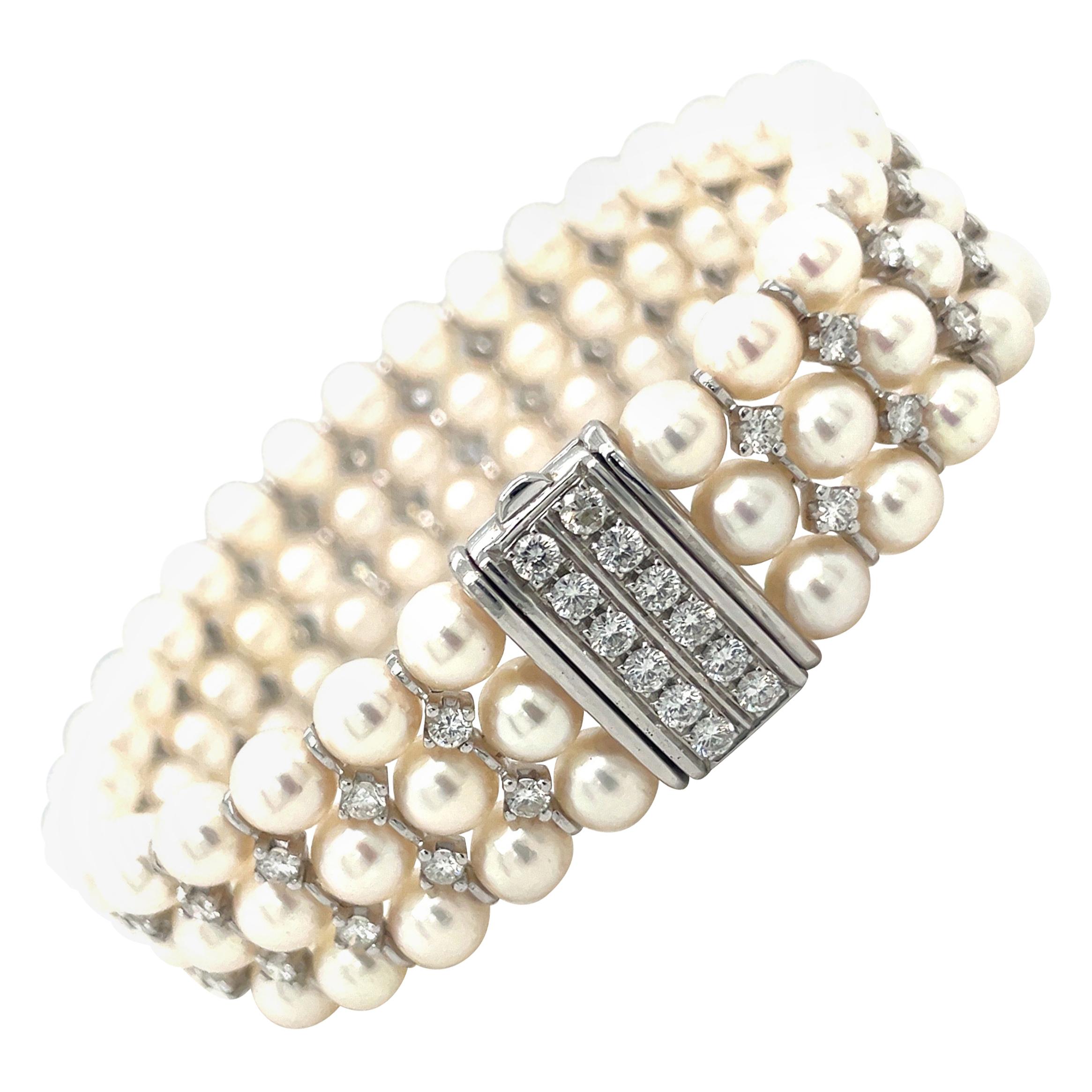 Cellini Bracelet en or blanc 18 carats avec 3 rangées de perles de culture et diamants de 2,90 carats