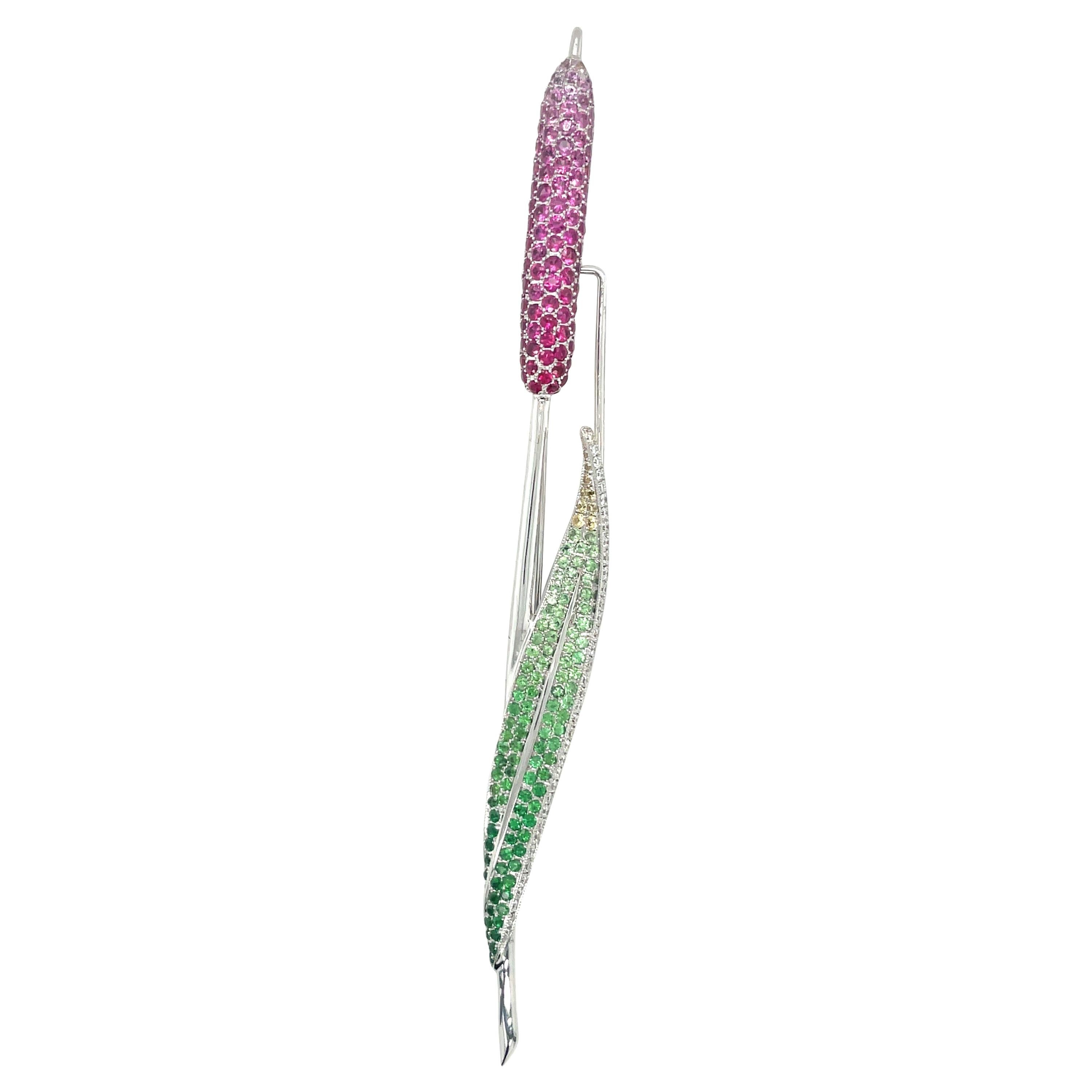 Cellini 18kt White Gold 3.80ct Pink Sapphire & .50 Diamond Pussy Willow Brooch For Sale