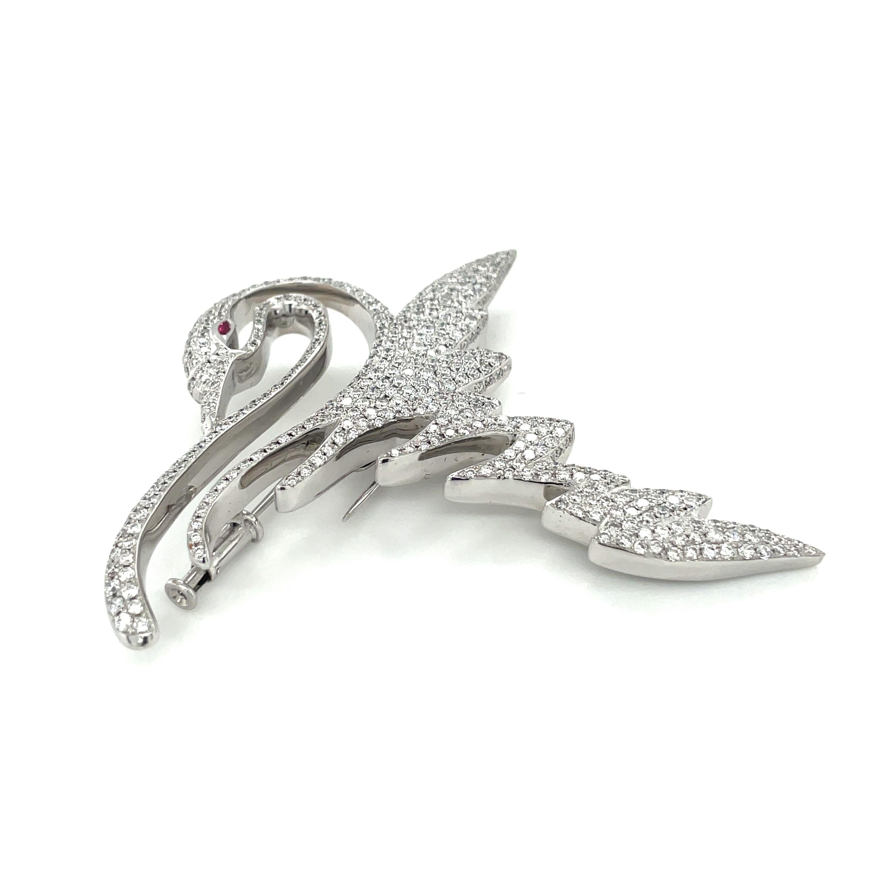 Round Cut Cellini Jewelers 18kt White Gold 4.30Ct. Diamond Swan Brooch For Sale