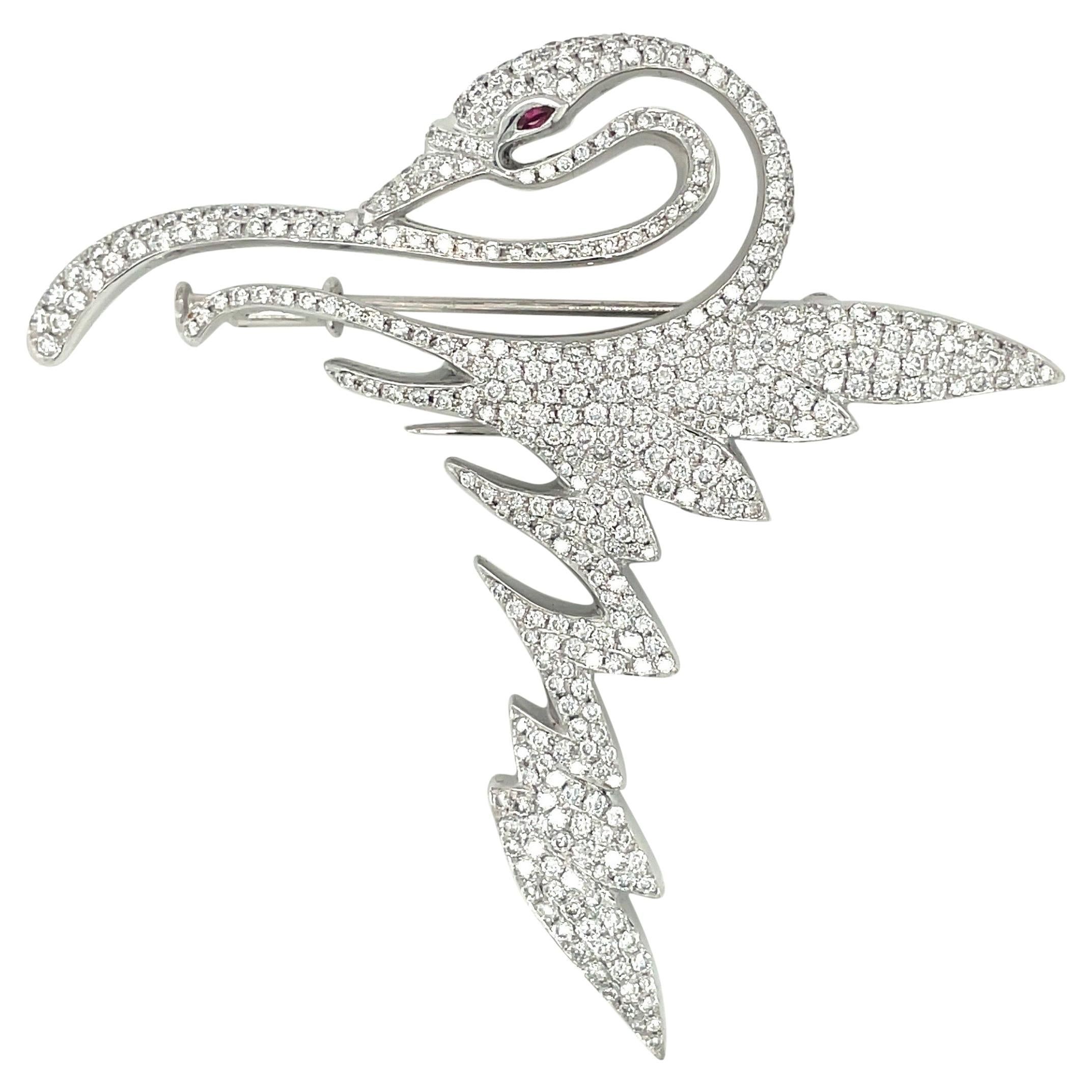 Cellini Jewelers 18kt White Gold 4.30Ct. Diamond Swan Brooch For Sale