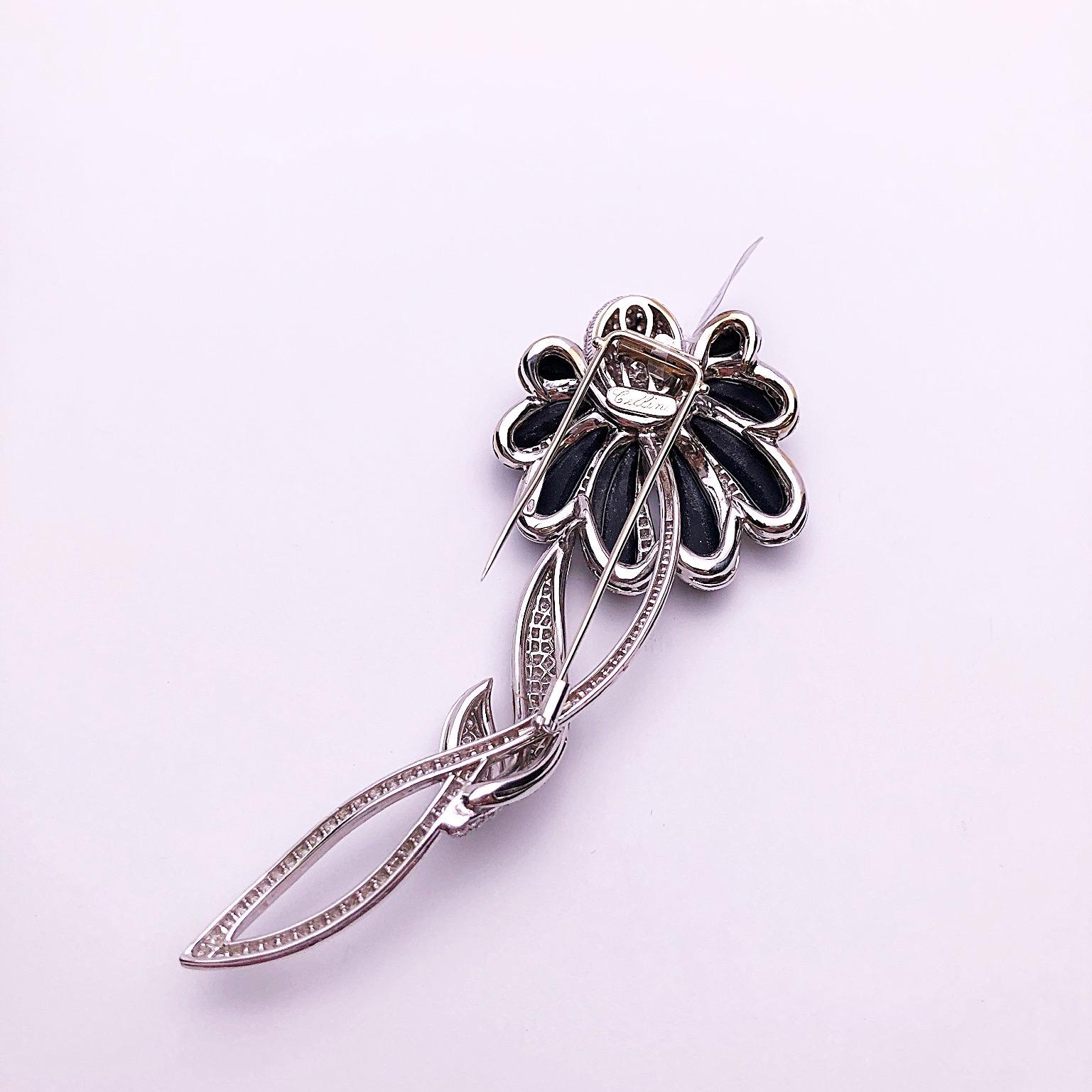 Round Cut Cellini 18 Karat White Gold, 5.50 Carat Diamond and Onyx Flower Brooch For Sale