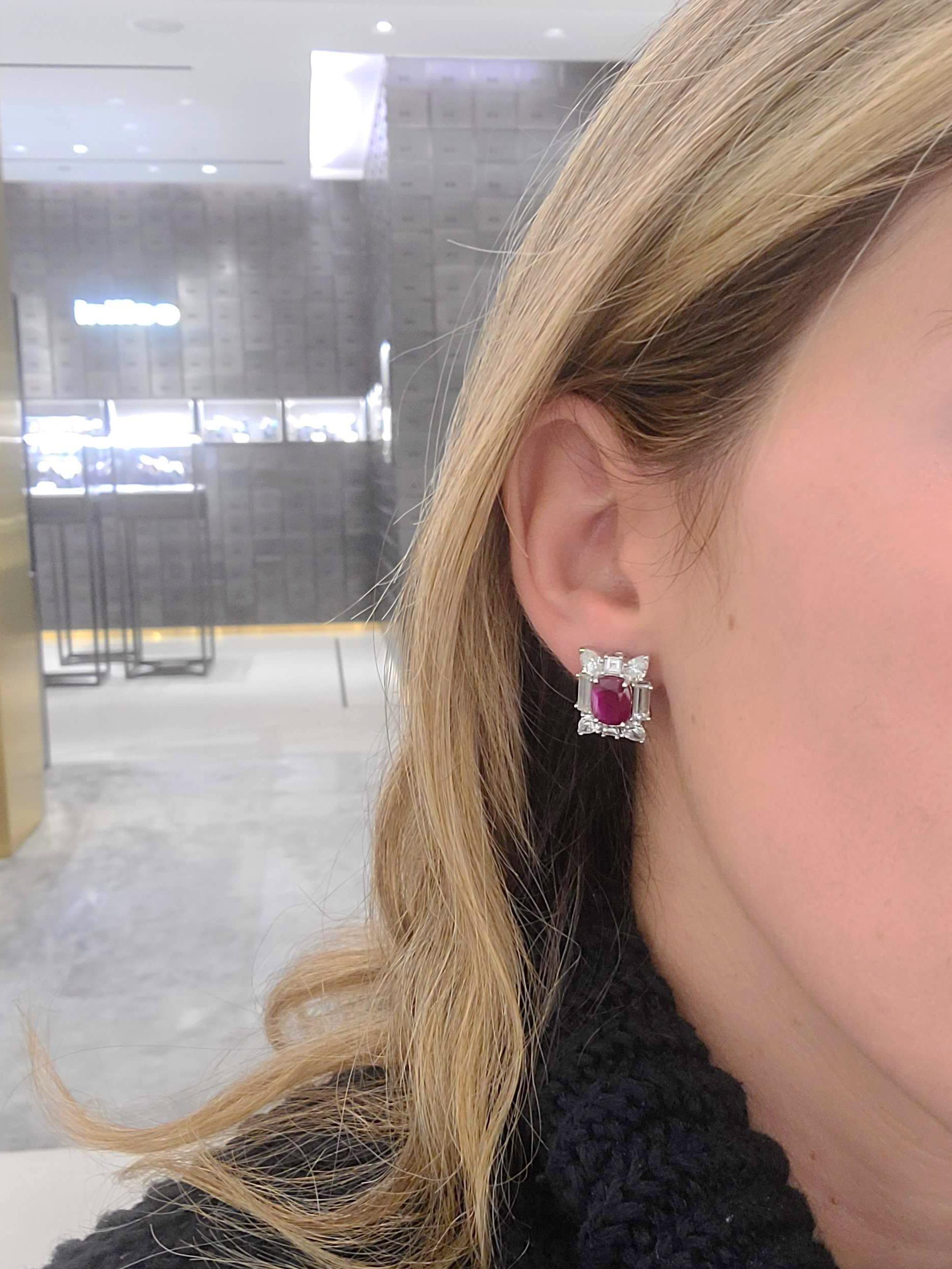 Cellini 18KT White Gold 5.54 Carat Burmese Ruby and 5.14 Carat Diamond Earrings In New Condition For Sale In New York, NY