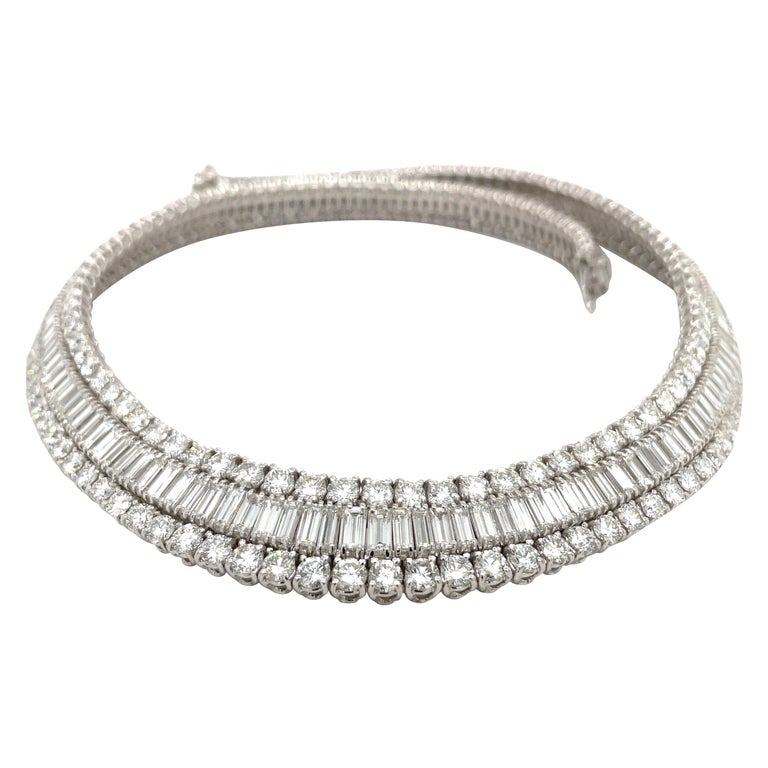 Cellini 18KT White Gold 59.78. Baguette & Round Diamond Collar Necklace For Sale