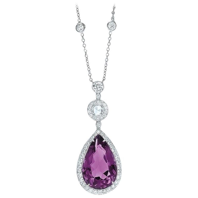 Cellini 18KT White Gold, 8.10 Carat Pear Shaped Amethyst Pendant with Diamonds For Sale