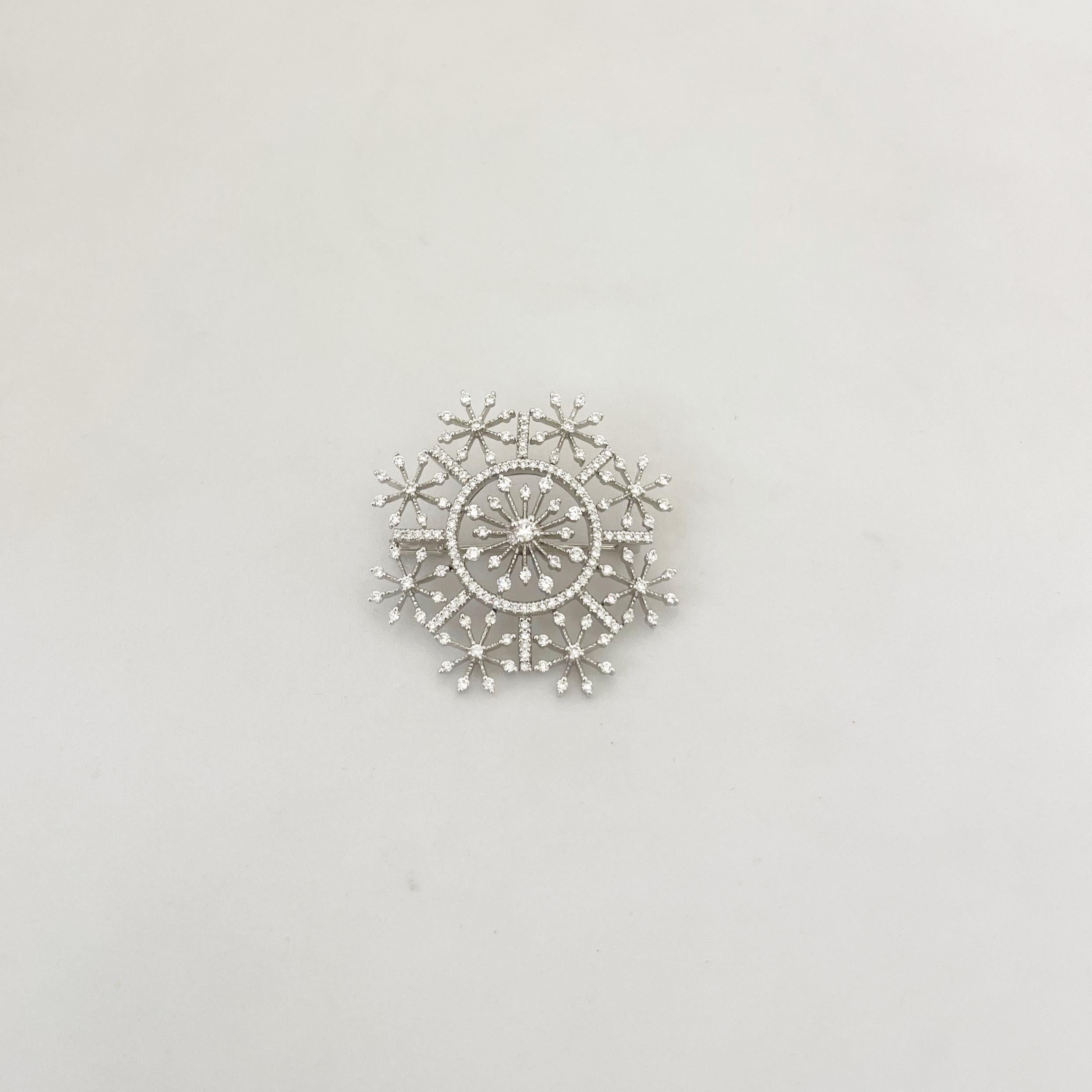 Round Cut Cellini 18 Karat White Gold and 1.51 Carat Diamond Micro Pave Snowflake Brooch For Sale