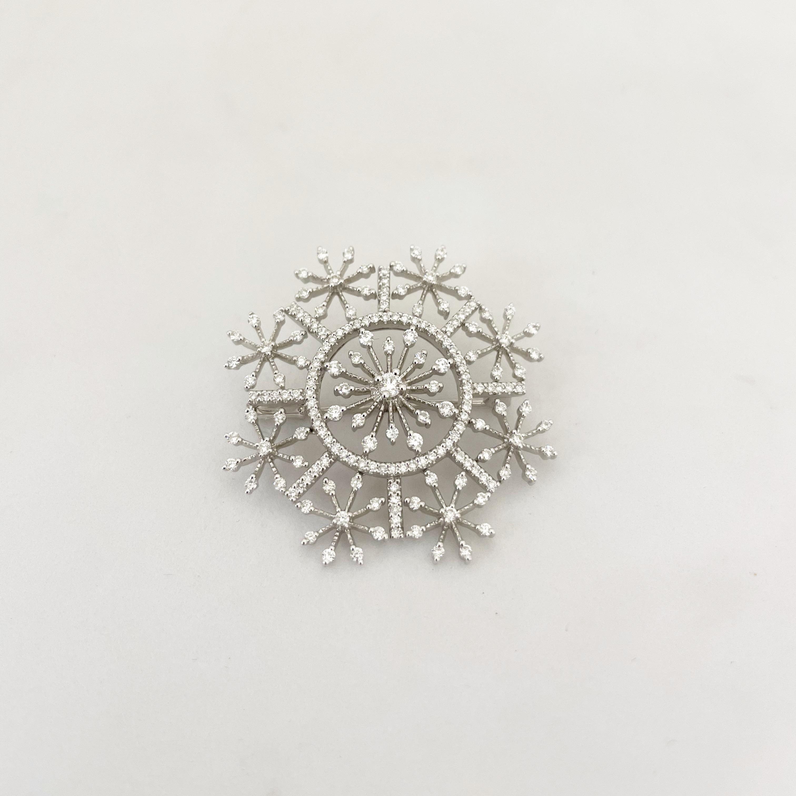 Women's or Men's Cellini 18 Karat White Gold and 1.51 Carat Diamond Micro Pave Snowflake Brooch For Sale