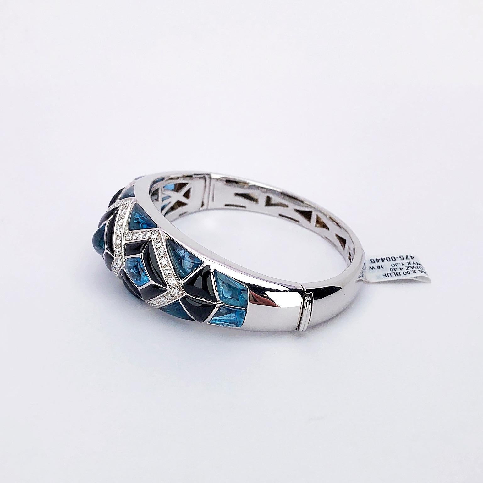 Round Cut Cellini 18 Karat Gold Bangle Bracelet with Diamonds, Blue Topaz and Black Onyx For Sale