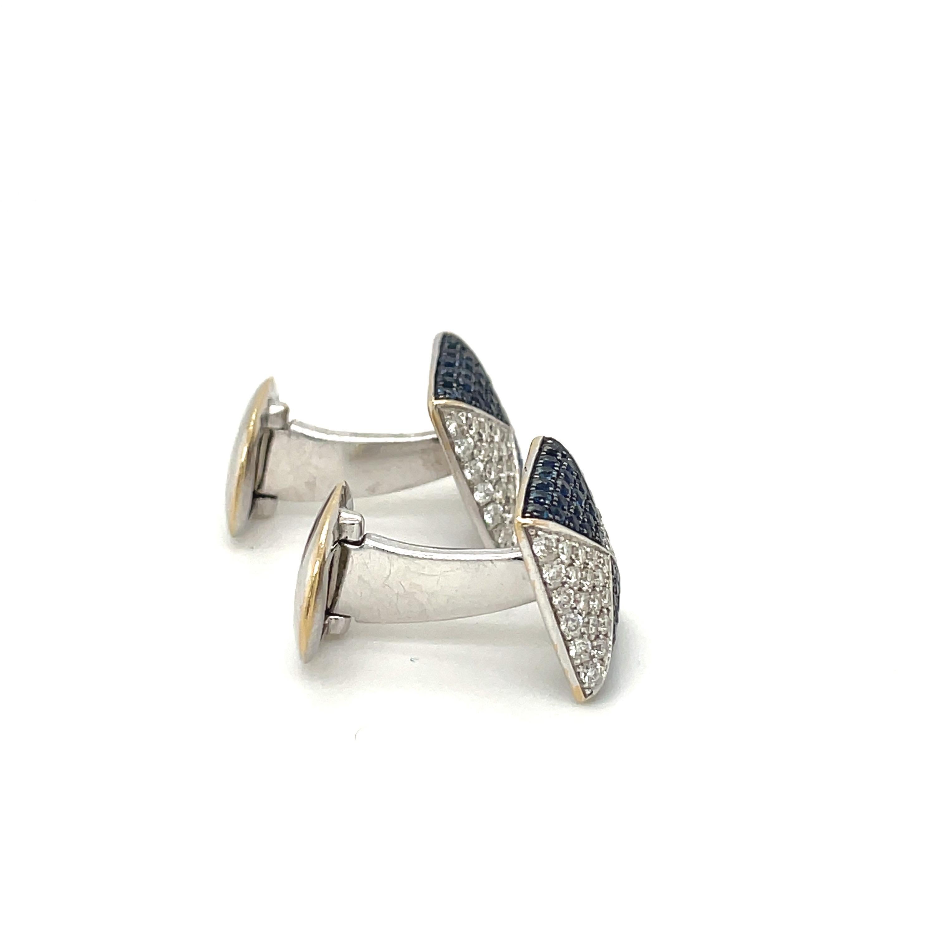 Modern Cellini 18kt White Gold Diamond 0.80ct & Blue Sapphire 1.00ct Cuff Links For Sale