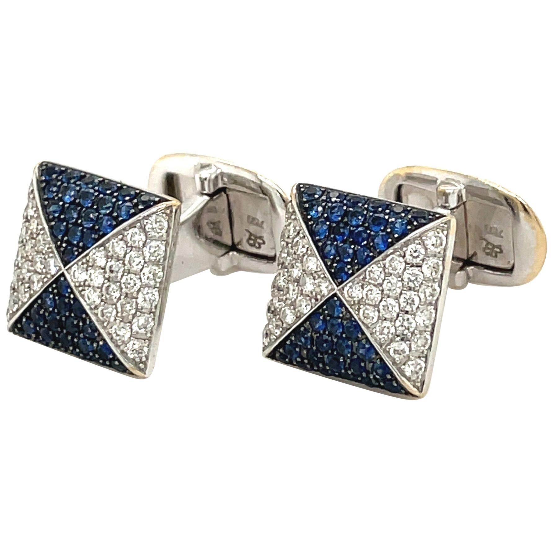 Cellini 18kt White Gold Diamond 0.80ct & Blue Sapphire 1.00ct Cuff Links