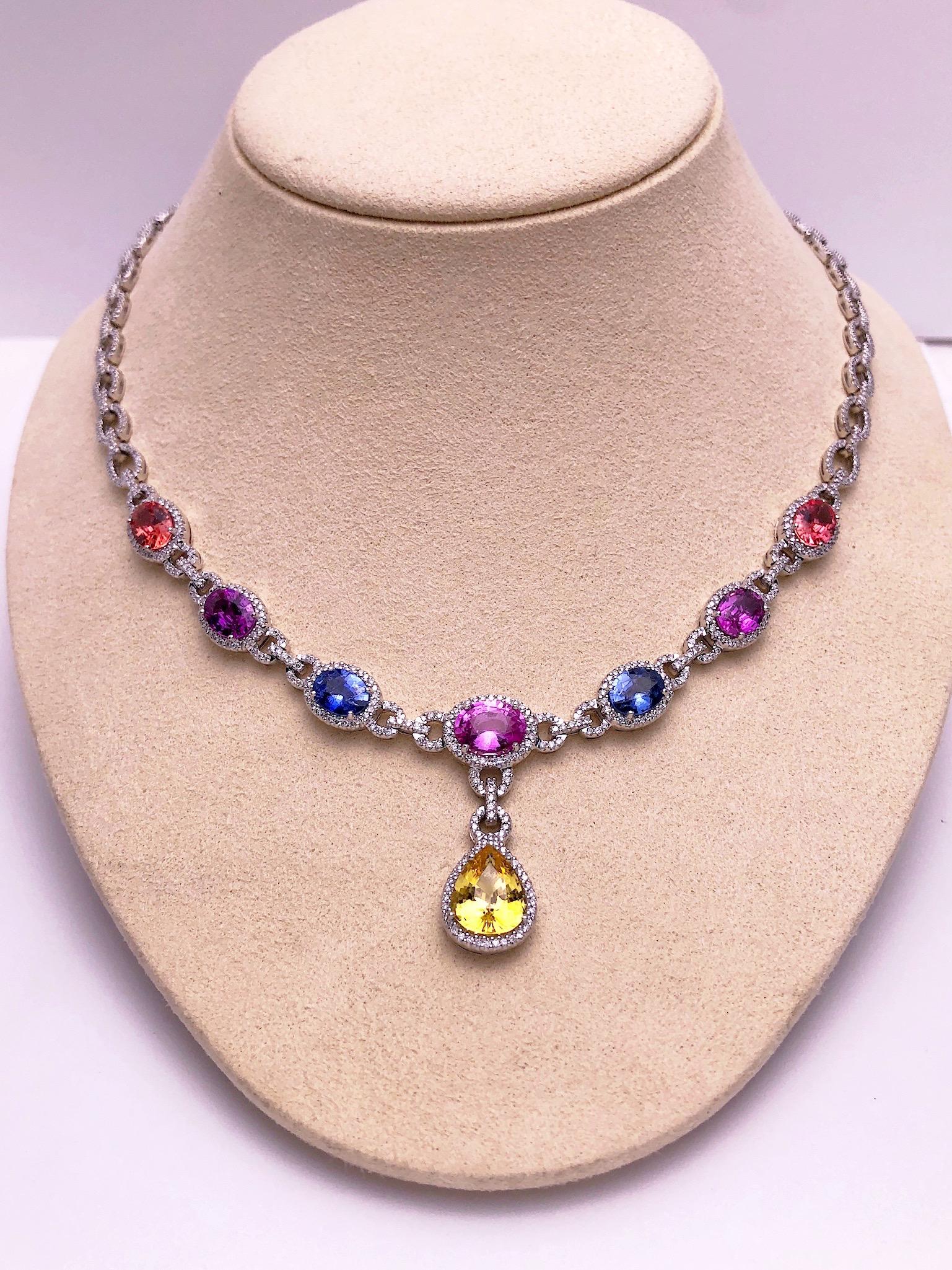 Cellini 18 Karat Gold Diamond & 13.38 Carat Multicolored Sapphire Drop Necklace For Sale 3