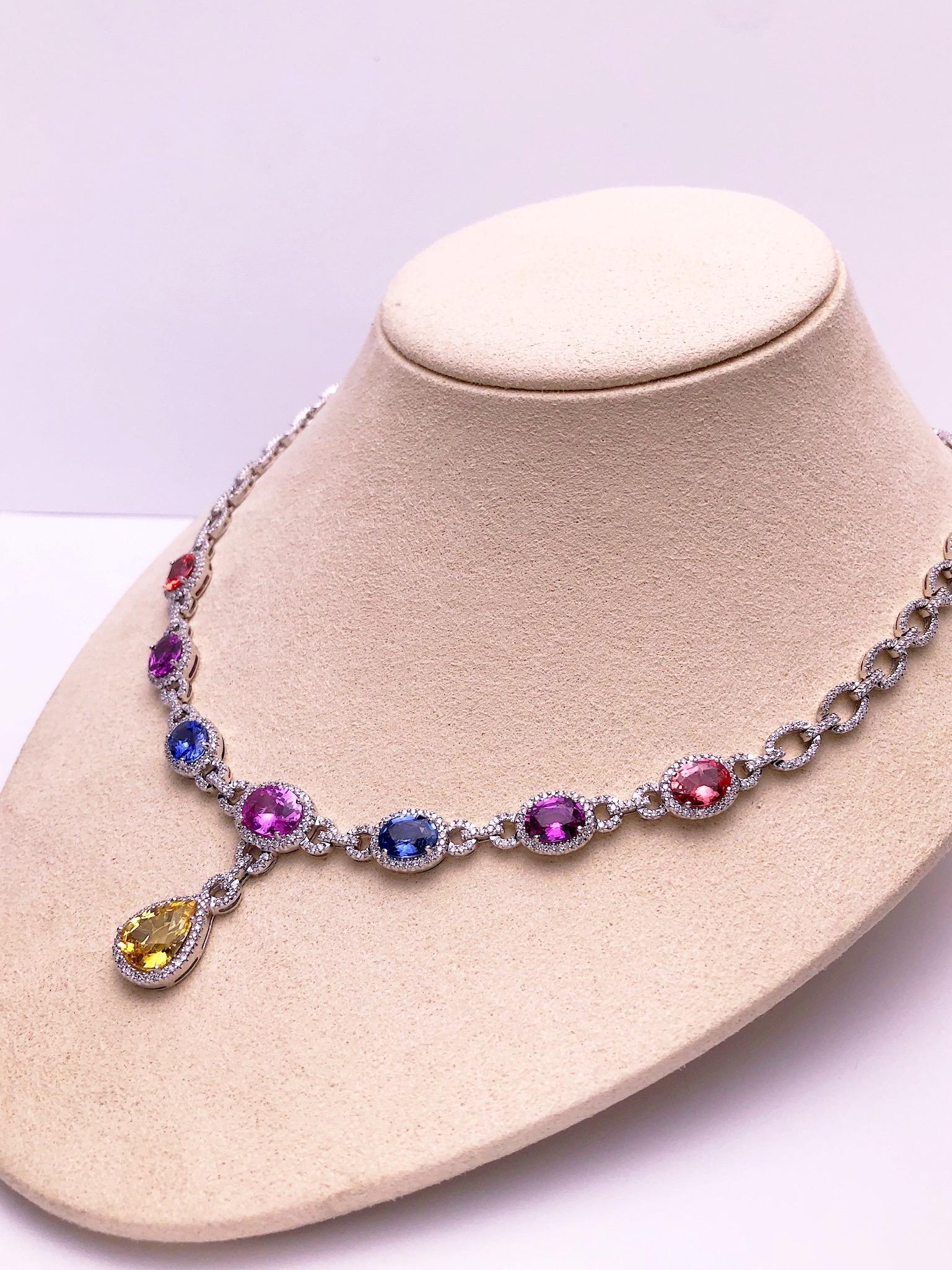 Cellini 18 Karat Gold Diamond & 13.38 Carat Multicolored Sapphire Drop Necklace For Sale 4