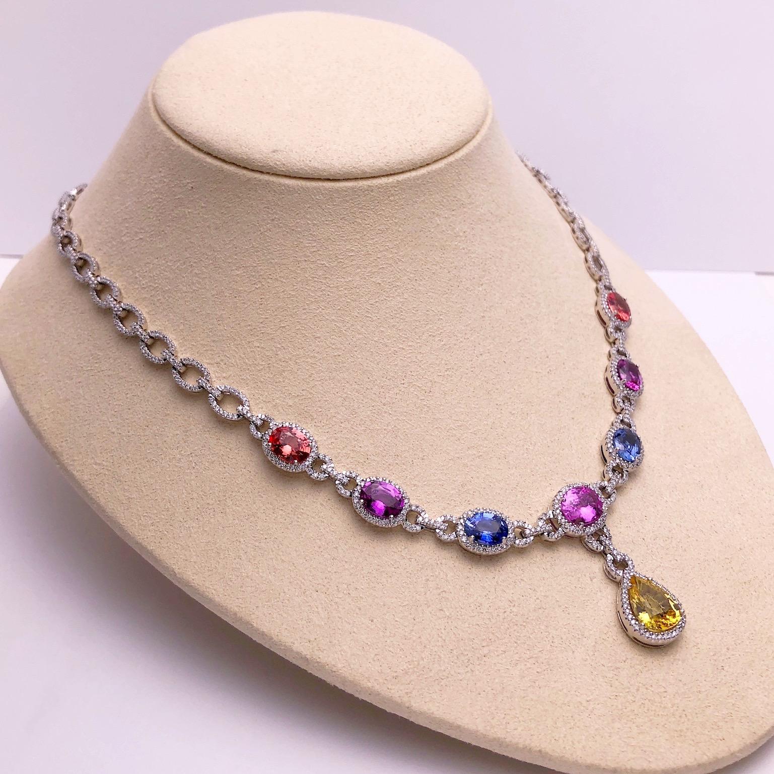 Cellini 18 Karat Gold Diamond & 13.38 Carat Multicolored Sapphire Drop Necklace For Sale 5