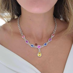 Cellini 18 Karat Gold Diamond & 13.38 Carat Multicolored Sapphire Drop Necklace