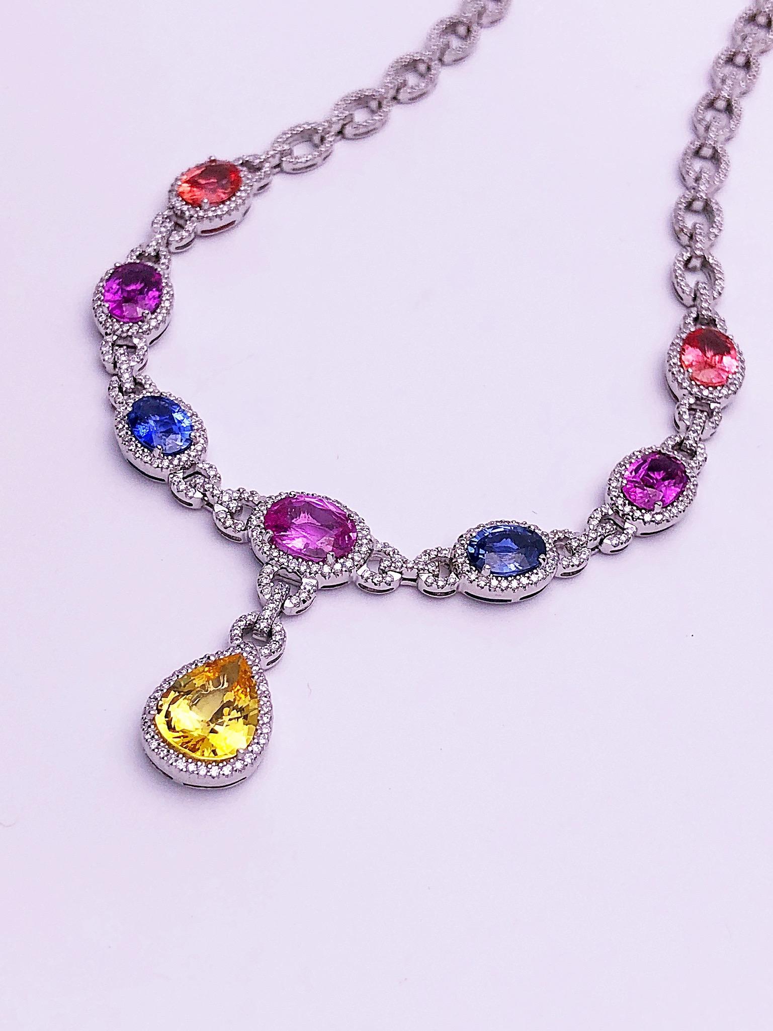 Contemporary Cellini 18 Karat Gold Diamond & 13.38 Carat Multicolored Sapphire Drop Necklace For Sale
