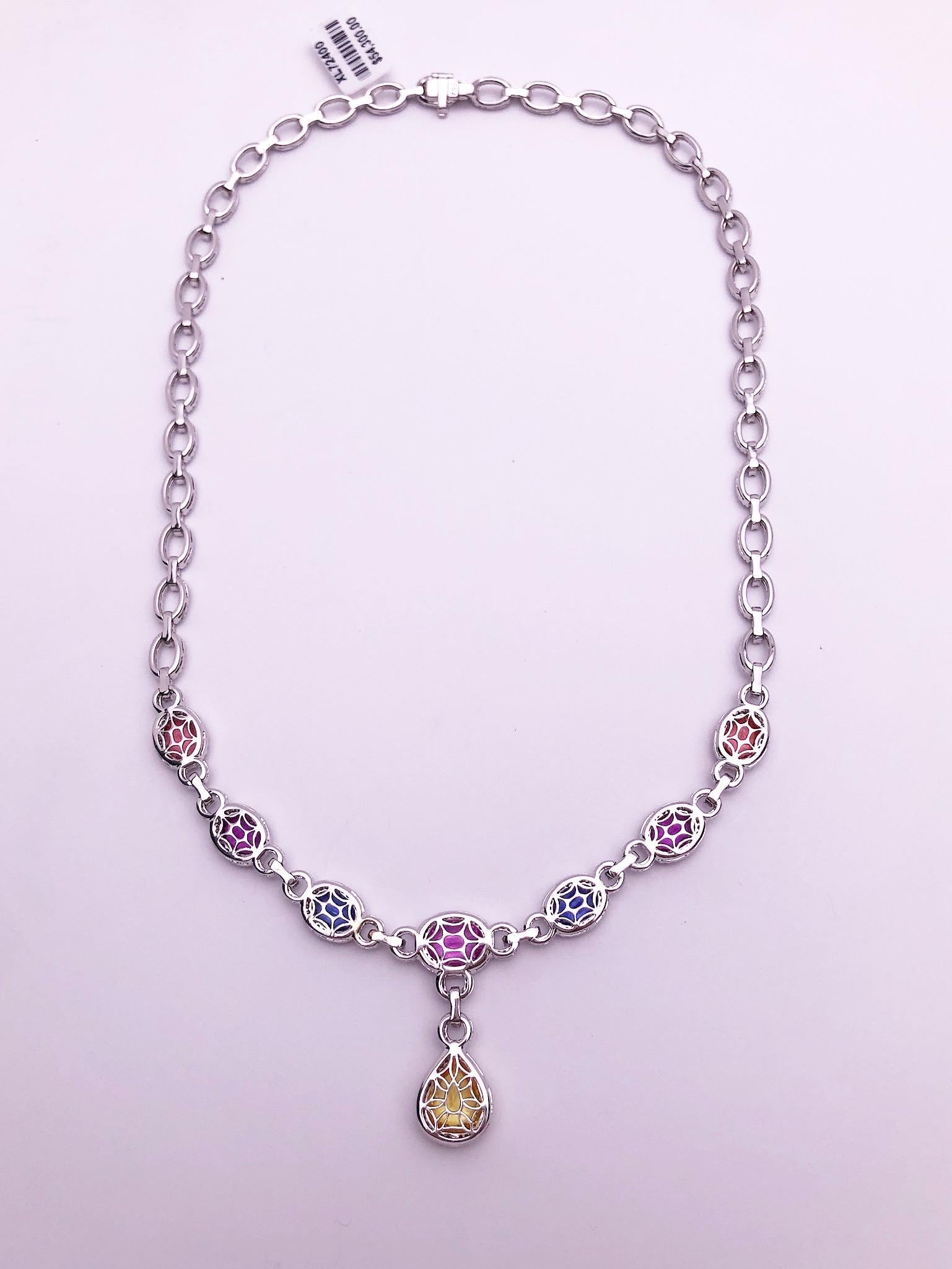 Pear Cut Cellini 18 Karat Gold Diamond & 13.38 Carat Multicolored Sapphire Drop Necklace For Sale