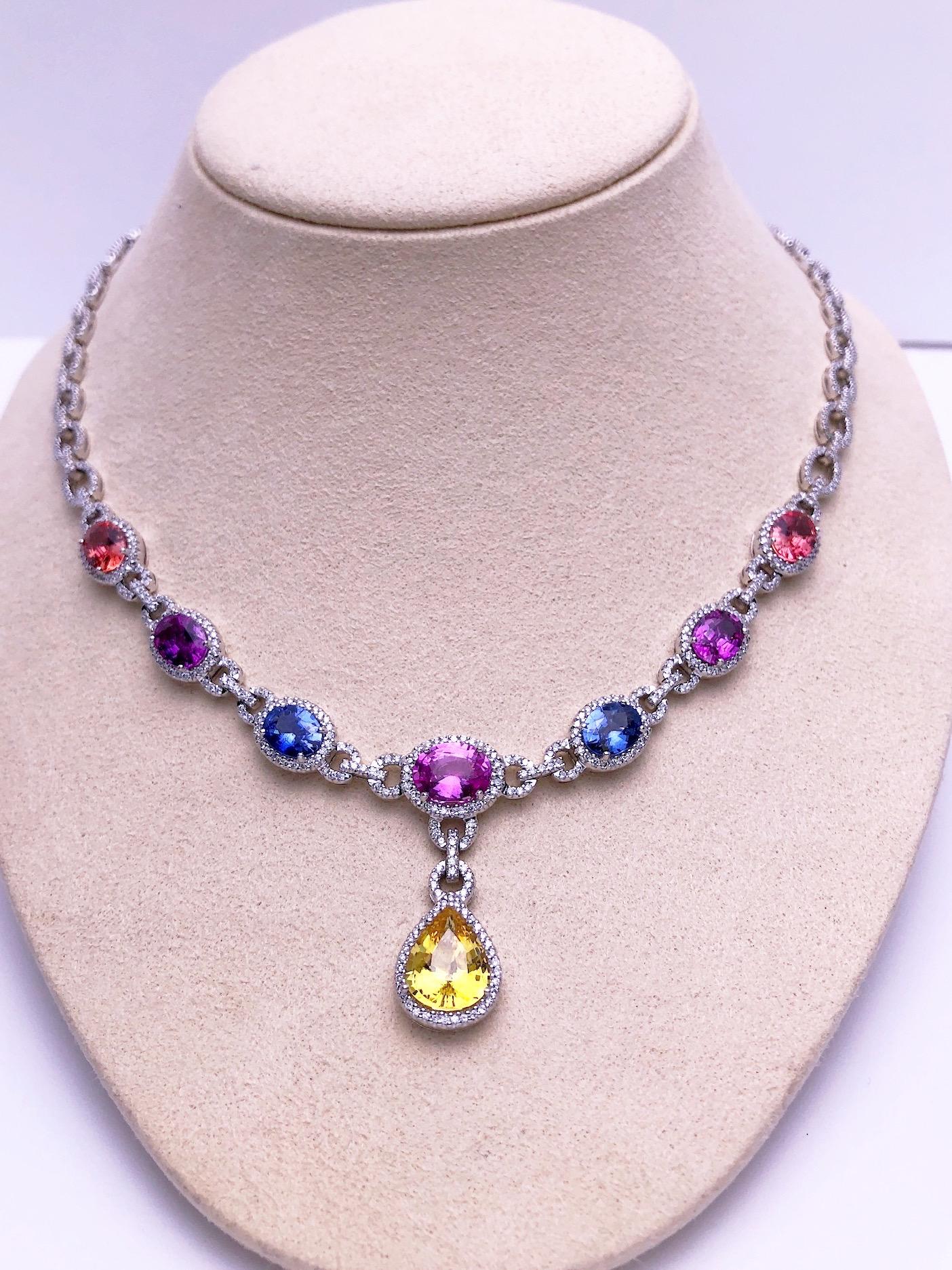 Women's or Men's Cellini 18 Karat Gold Diamond & 13.38 Carat Multicolored Sapphire Drop Necklace For Sale