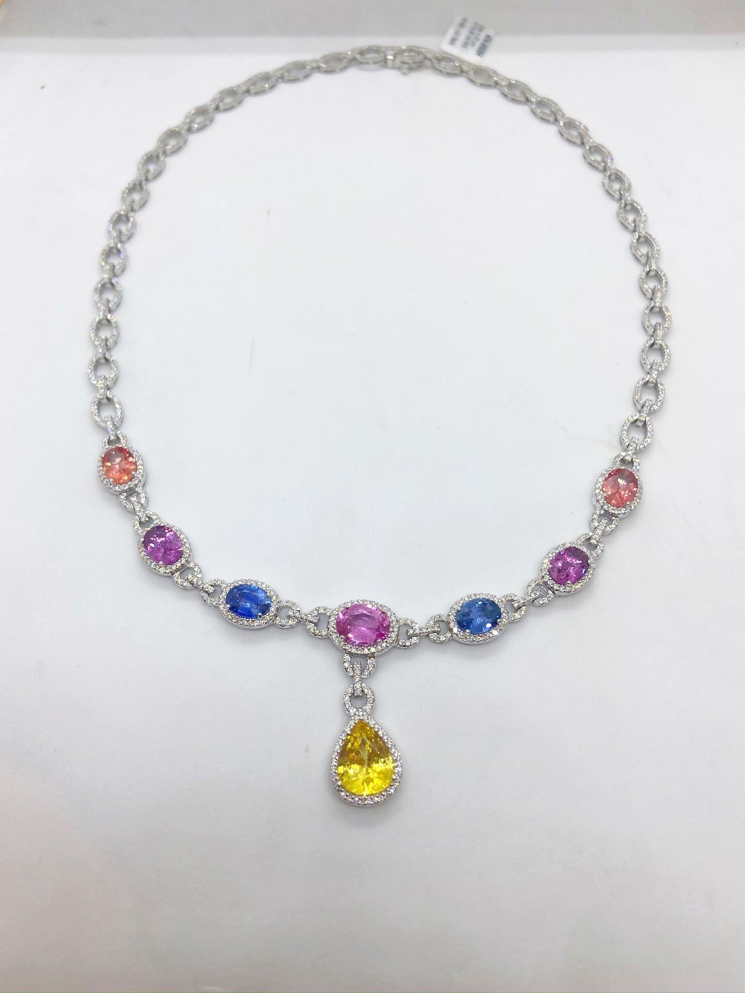 Cellini 18 Karat Gold Diamond & 13.38 Carat Multicolored Sapphire Drop Necklace For Sale 1