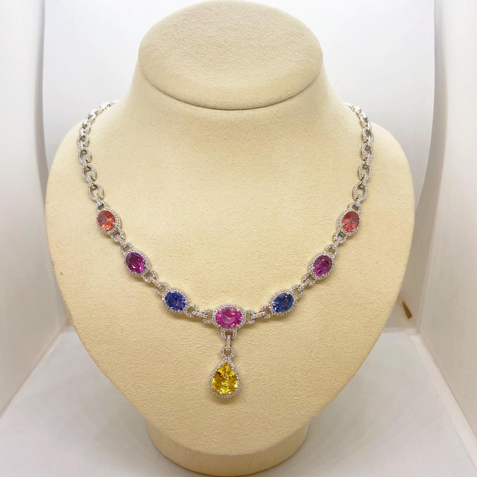Cellini 18 Karat Gold Diamond & 13.38 Carat Multicolored Sapphire Drop Necklace For Sale 2