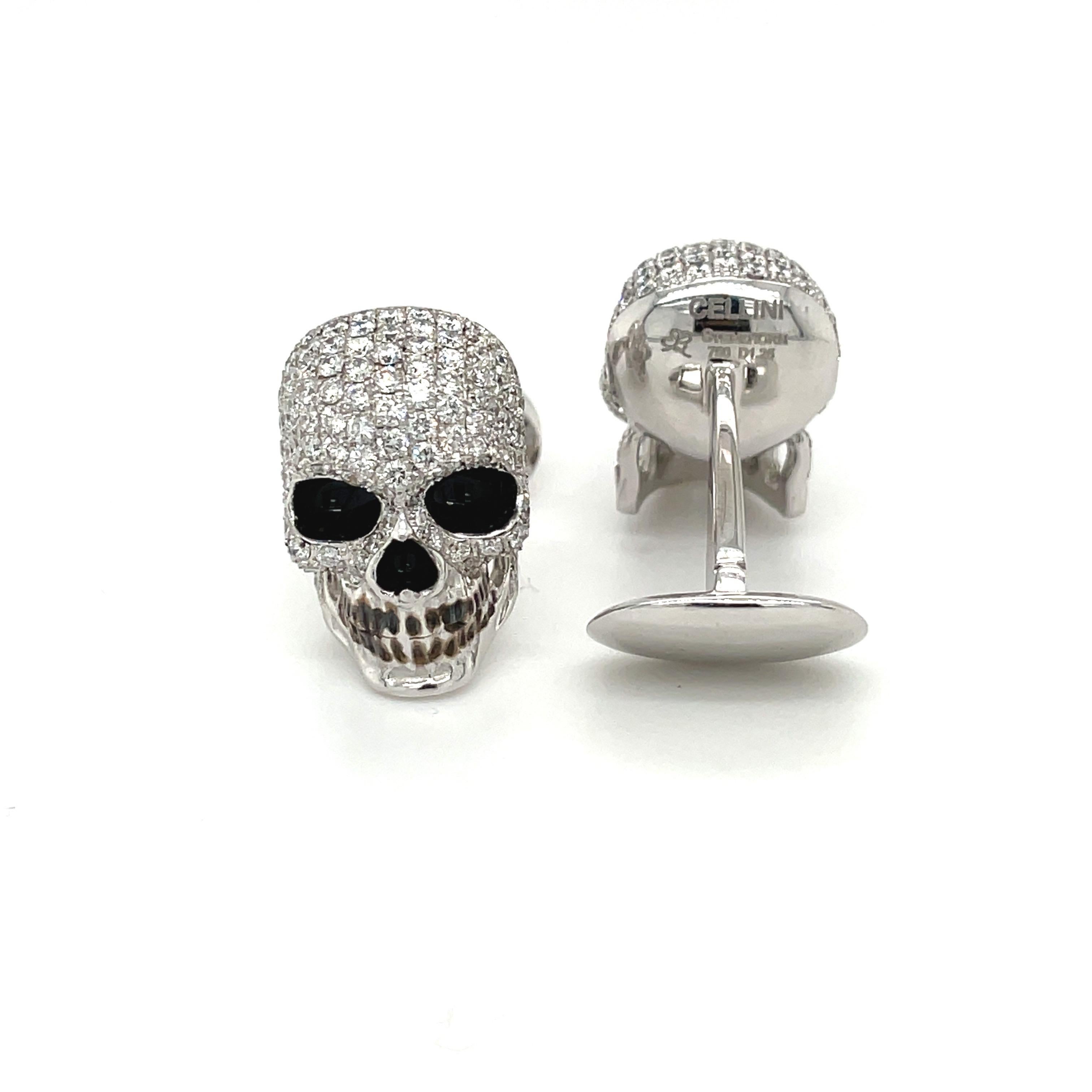 Modern Cellini 18KT White Gold Diamond 2.50CT. Skull Head Cuff Links For Sale