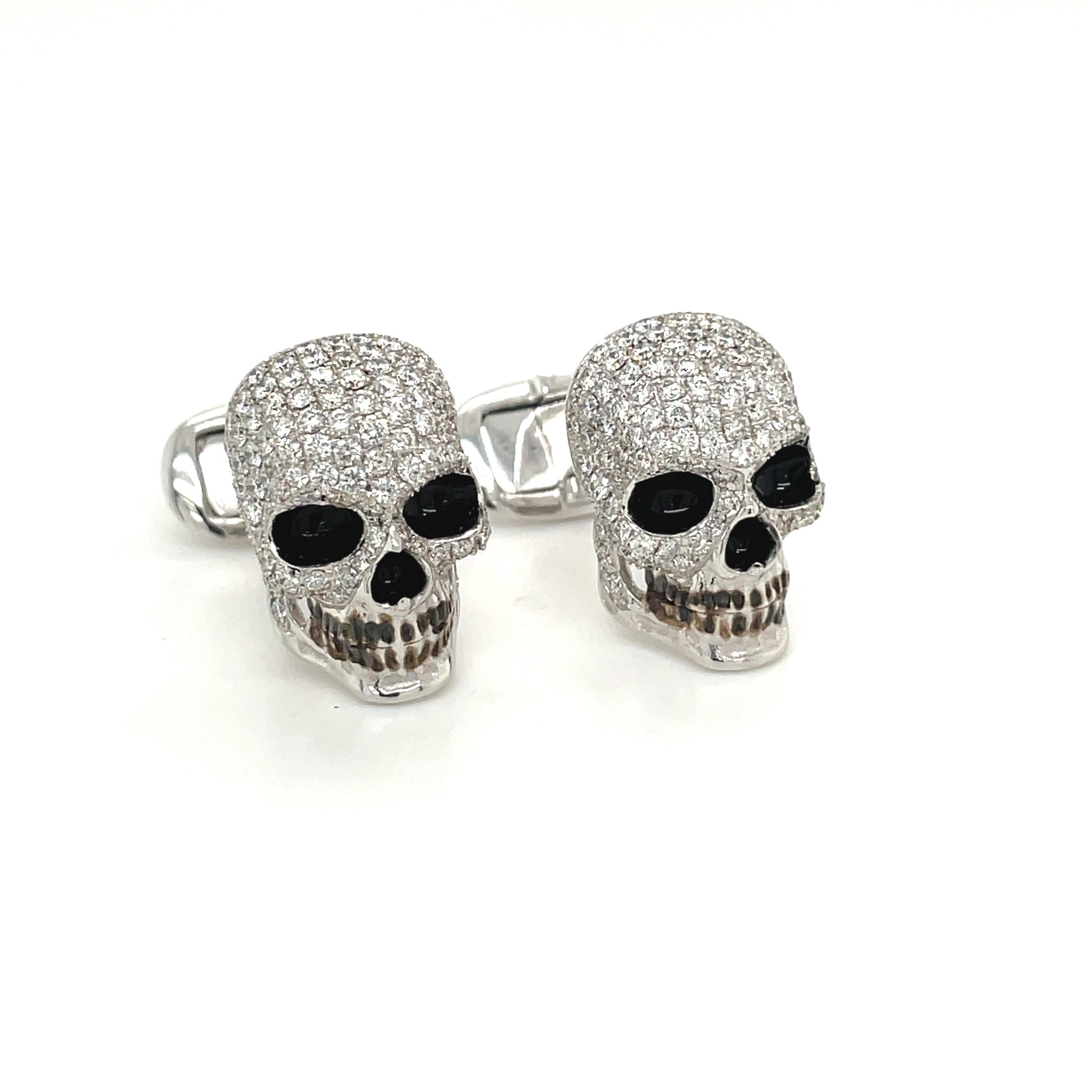 Round Cut Cellini 18KT White Gold Diamond 2.50CT. Skull Head Cuff Links For Sale