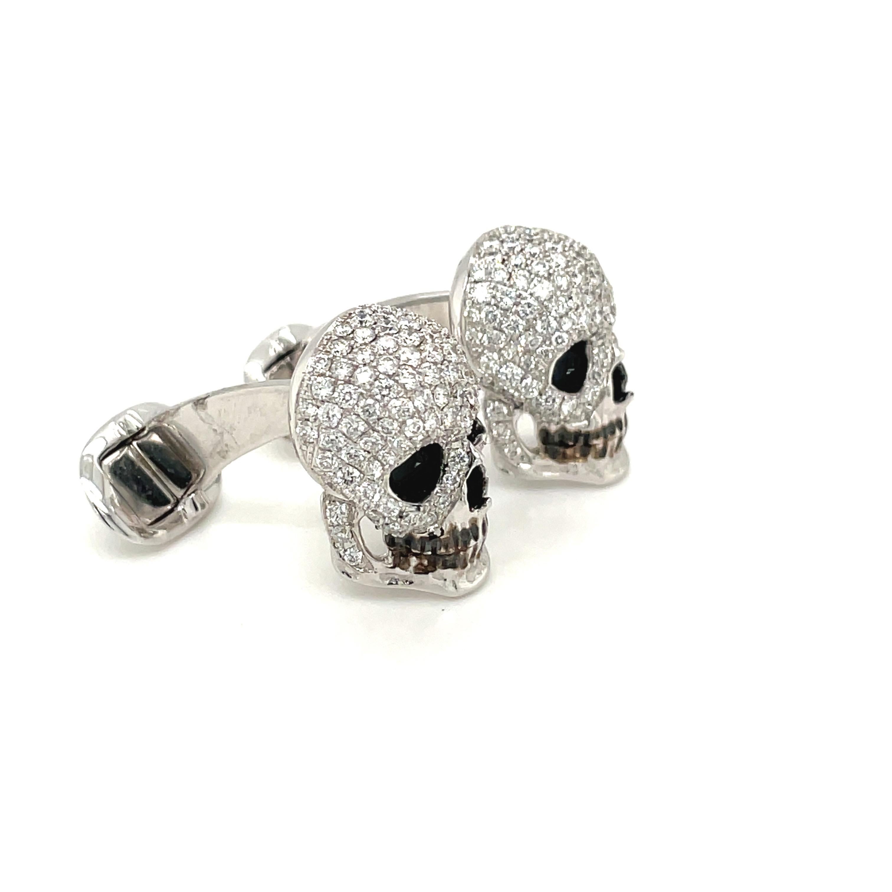 Round Cut Cellini 18KT White Gold Diamond 2.50CT. Skull Head Cuff Links For Sale