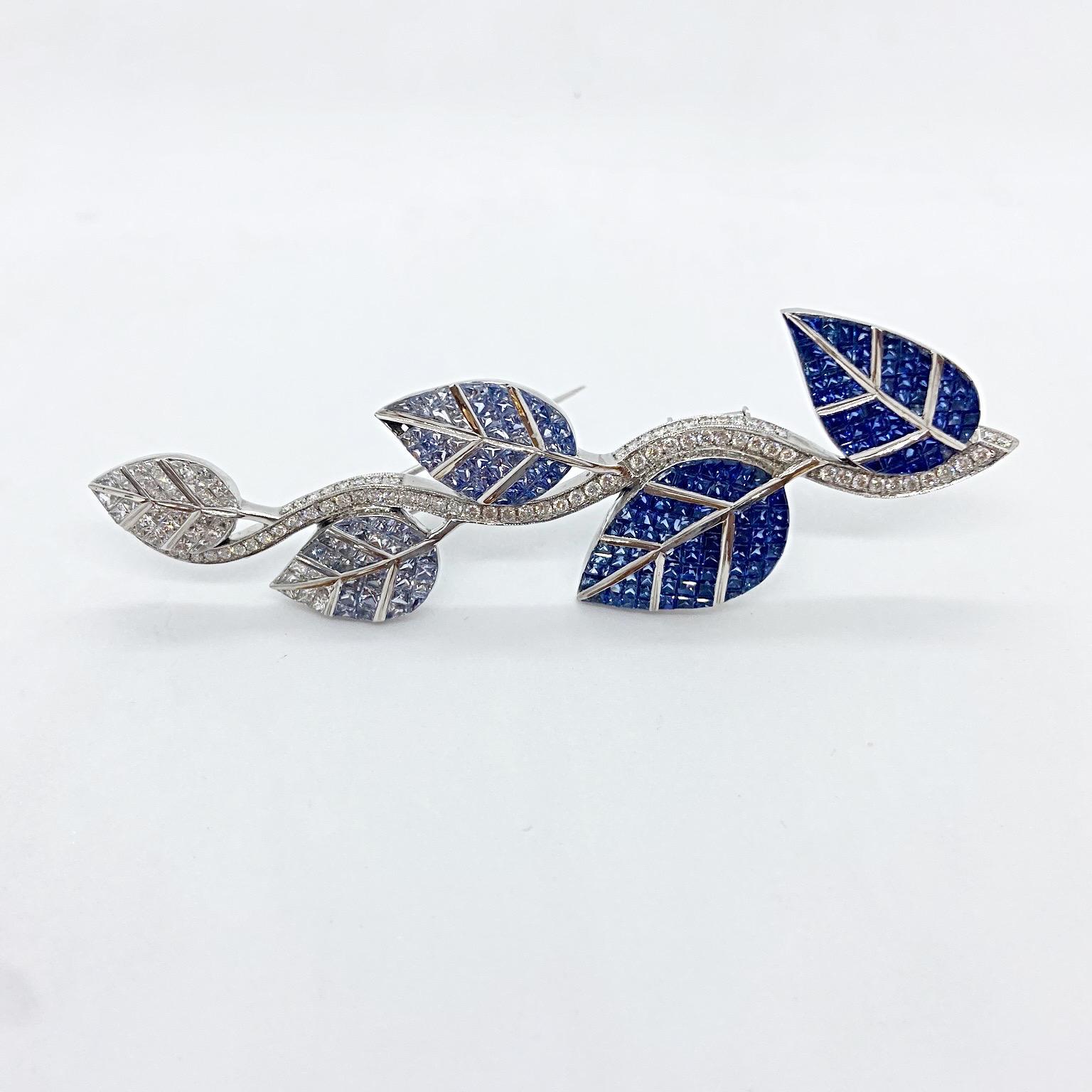 Modern Cellini 18 Karat Gold Diamonds and Invisibly Set Ombre Blue Sapphire Leaf Brooch For Sale