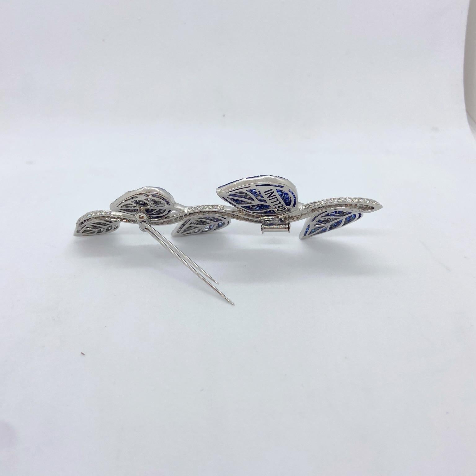 Princess Cut Cellini 18 Karat Gold Diamonds and Invisibly Set Ombre Blue Sapphire Leaf Brooch For Sale