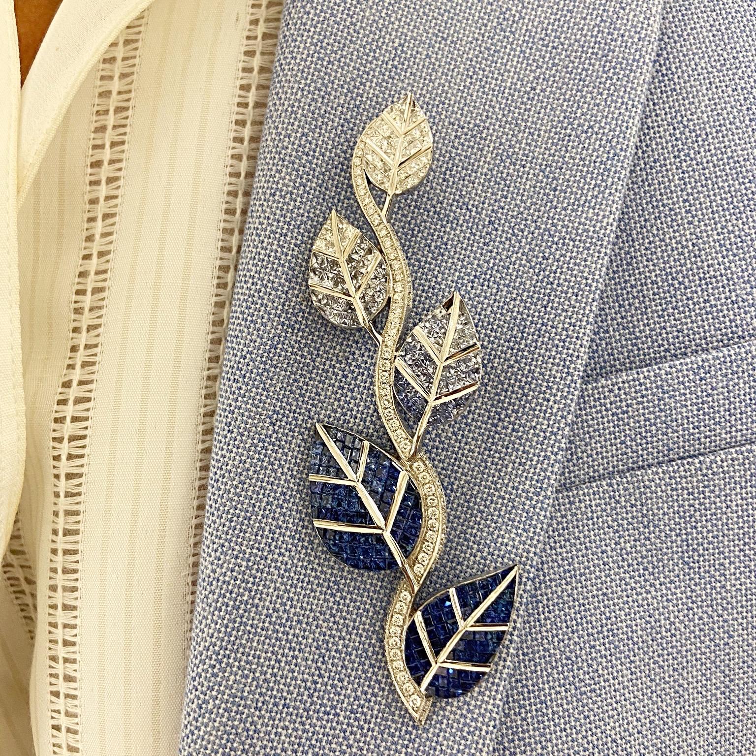 Cellini 18 Karat Gold Diamonds and Invisibly Set Ombre Blue Sapphire Leaf Brooch In New Condition For Sale In New York, NY