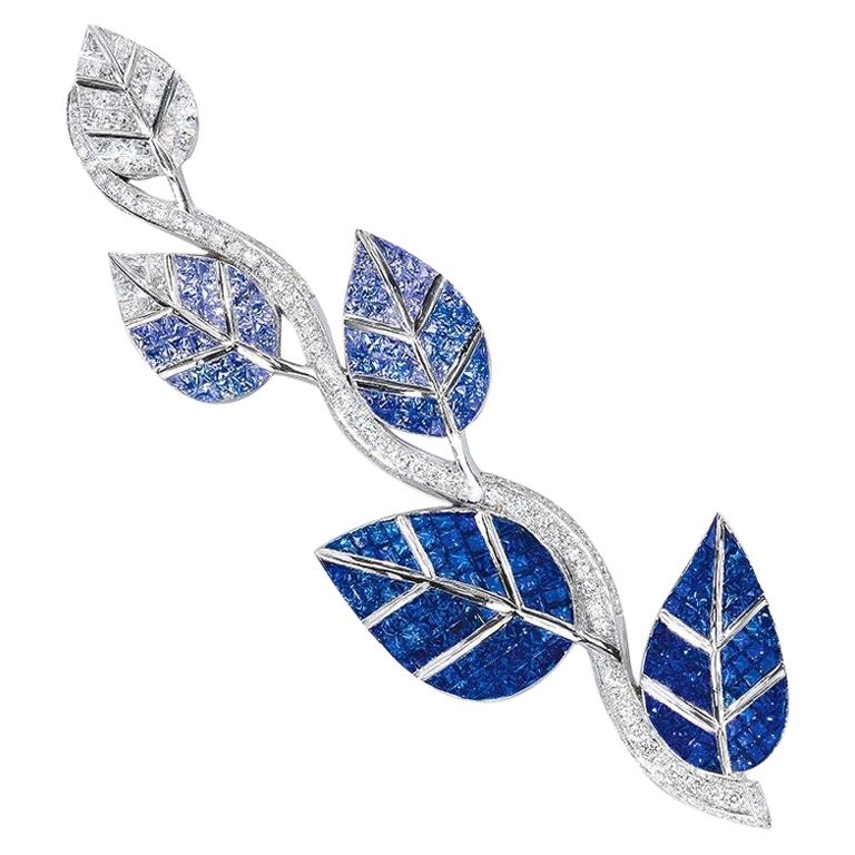 Cellini 18 Karat Gold Diamonds and Invisibly Set Ombre Blue Sapphire Leaf Brooch For Sale