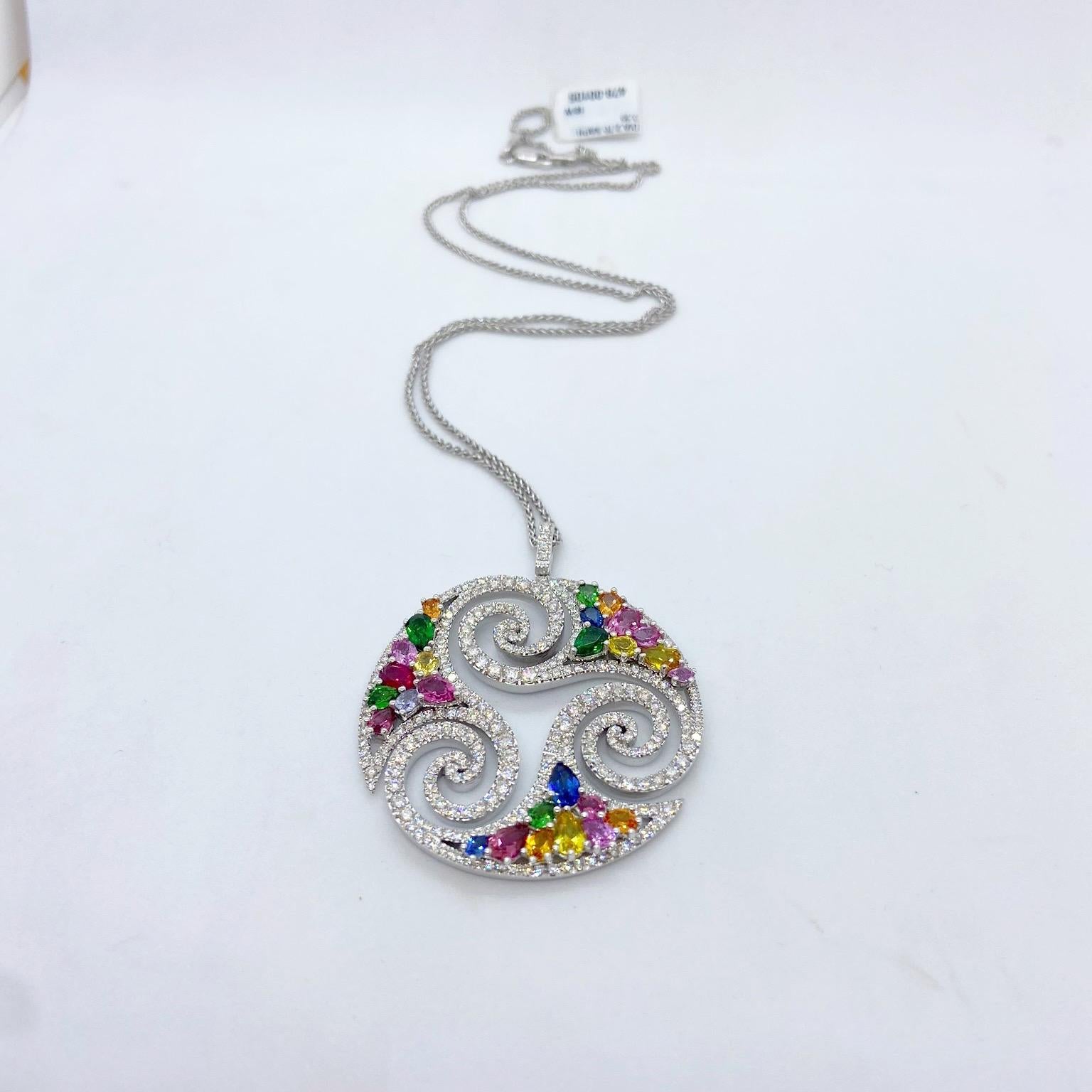 Moderno Collana Cellini in oro bianco 18 carati con diamanti e zaffiri multicolore in vendita