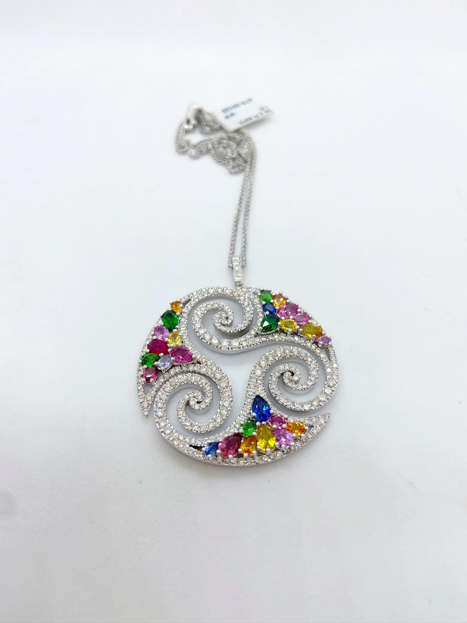 Modern Cellini 18 Karat White Gold Diamonds and Multicolored Sapphires Pendant Necklace For Sale