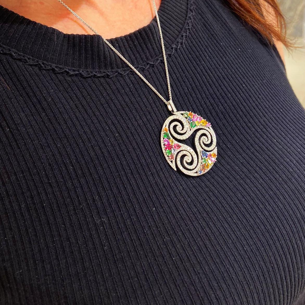 da uomo o donna Collana Cellini in oro bianco 18 carati con diamanti e zaffiri multicolore in vendita