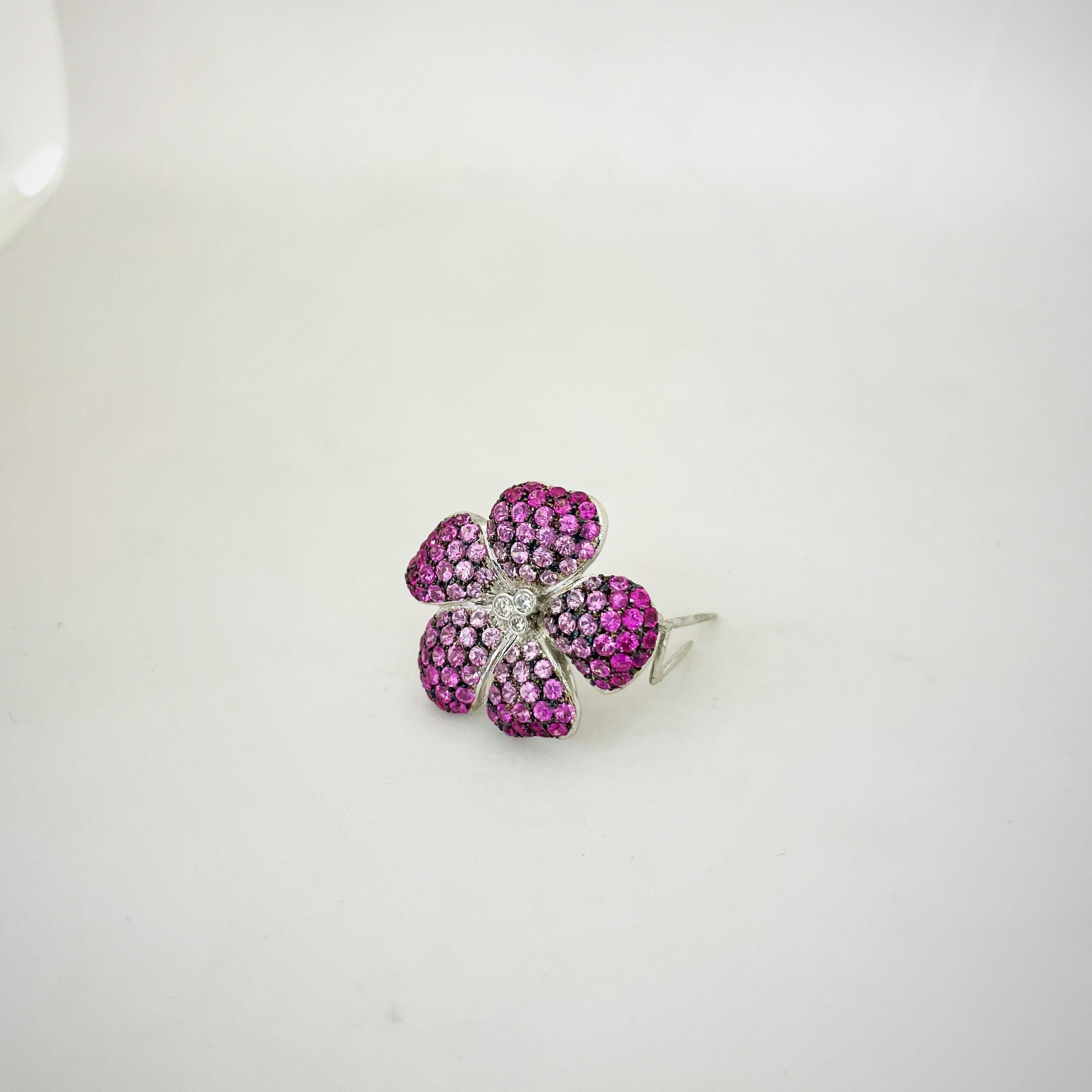Contemporary Cellini 18 Karat Gold Flower Brooch, 4.50Ct. Pink Sapphires & .15 Carat Diamonds For Sale