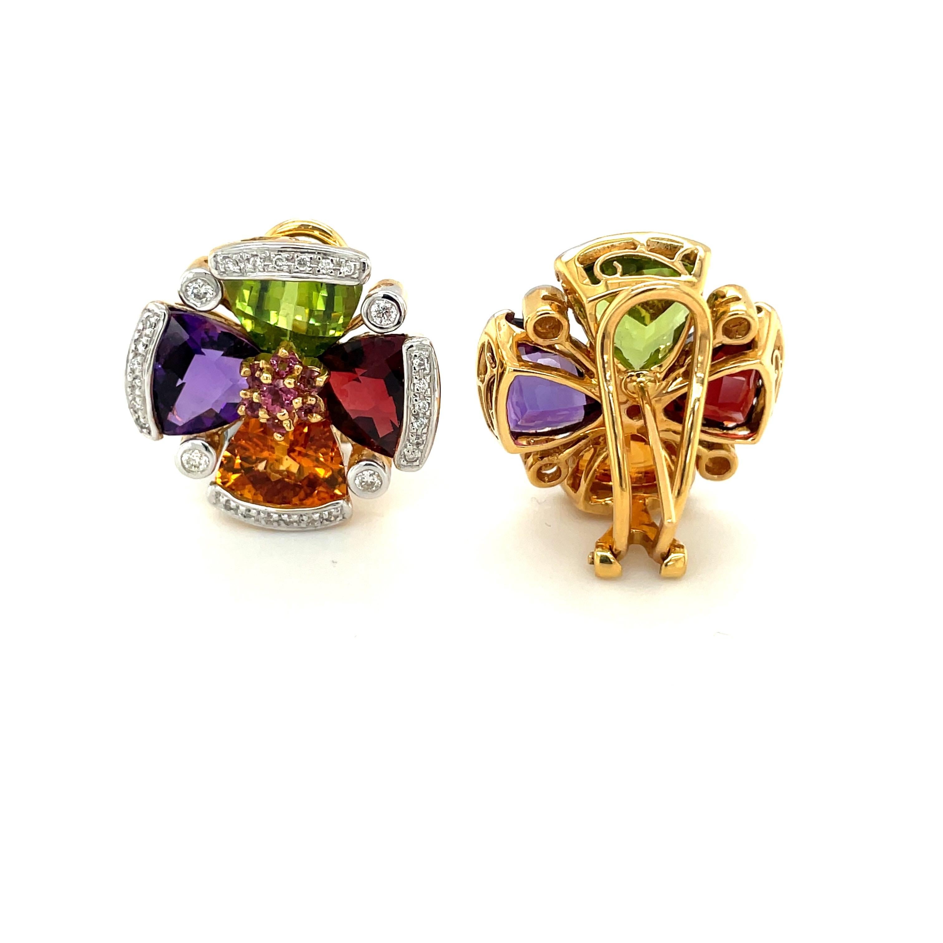 Beautiful 18 karat yellow gold , 4 petal semi precious flower earrings. Each earring is set with amethyst, peridot ,garnet, and citrine petals. Each petal is accented with diamonds. The earrings have a post/omega clip back and can be adjusted to